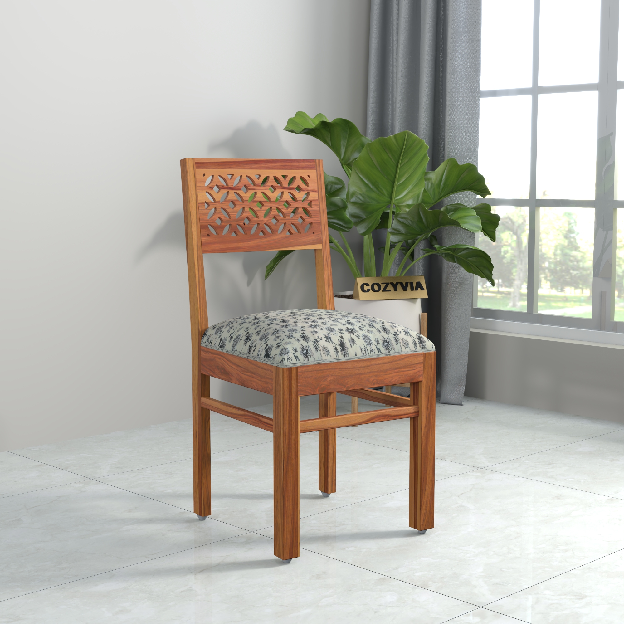 RetroVesta Sheesham Wood Dining Chair Set of 2 | Wood Dining Chairs with Cushion | Velvet Upholstered Mosaic Floral Printed Fabric | Wooden Dining Chairs for Living Room, Dining Room, Light Brown