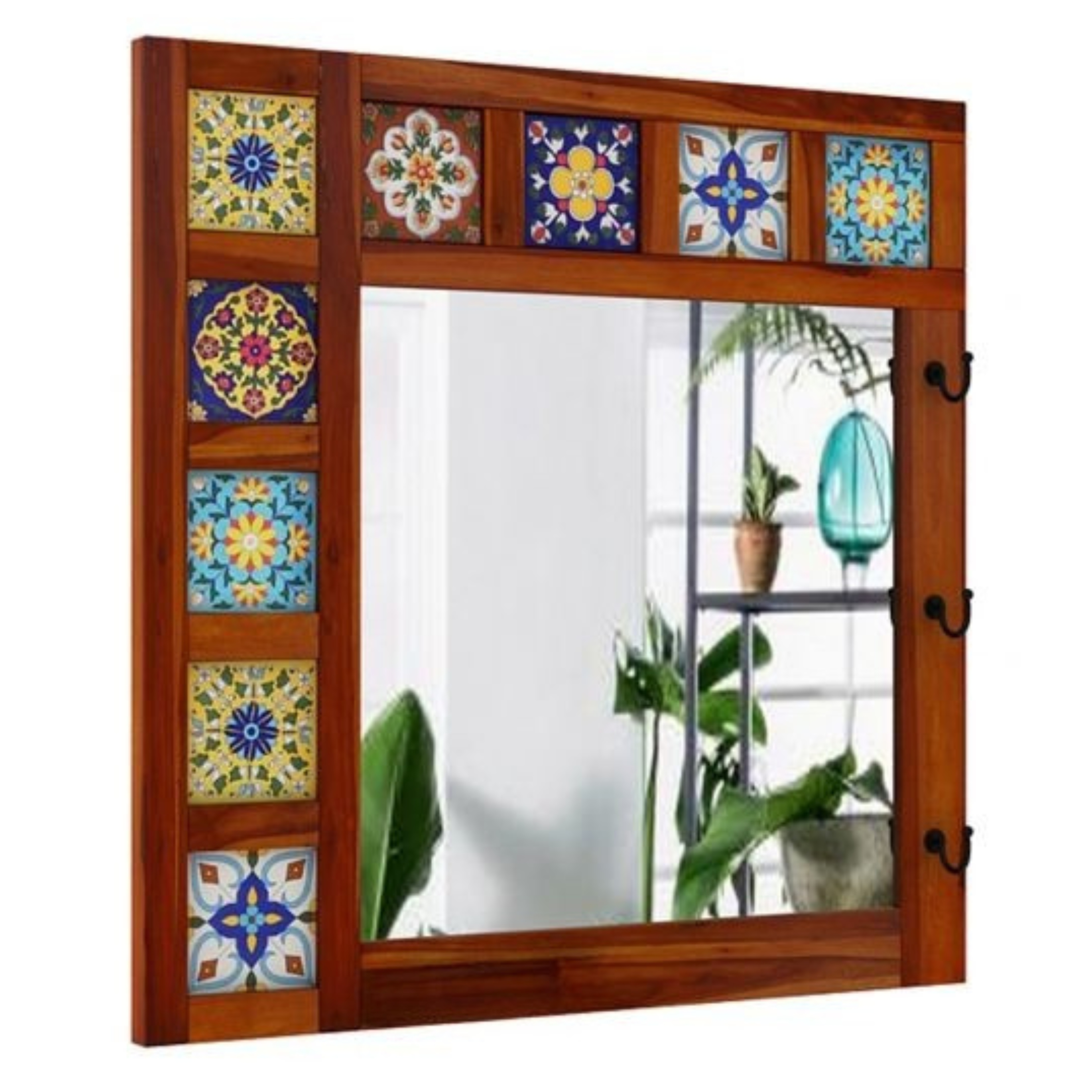 RetroVesta Handcrafted Wooden Mirror with Colorful Ceramic Tiles