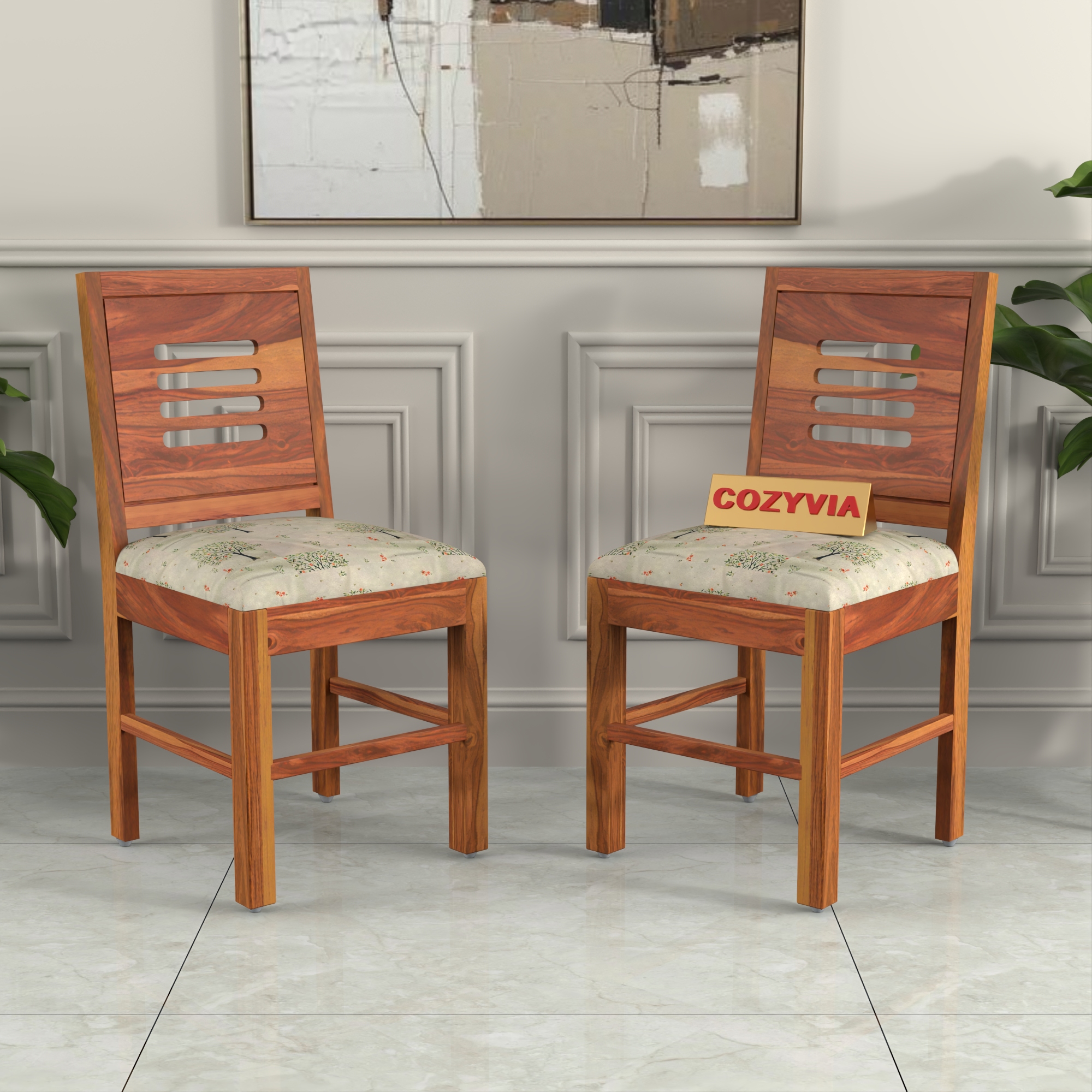 RetroVesta Sheesham Wood Dining Chairs Set of 2 | Wooden Chairs with Beige Tree Print Cushioned Seat | Fabric Upholstery | Teak Finish Dining Room Chairs for Home & Living Room Light Brown