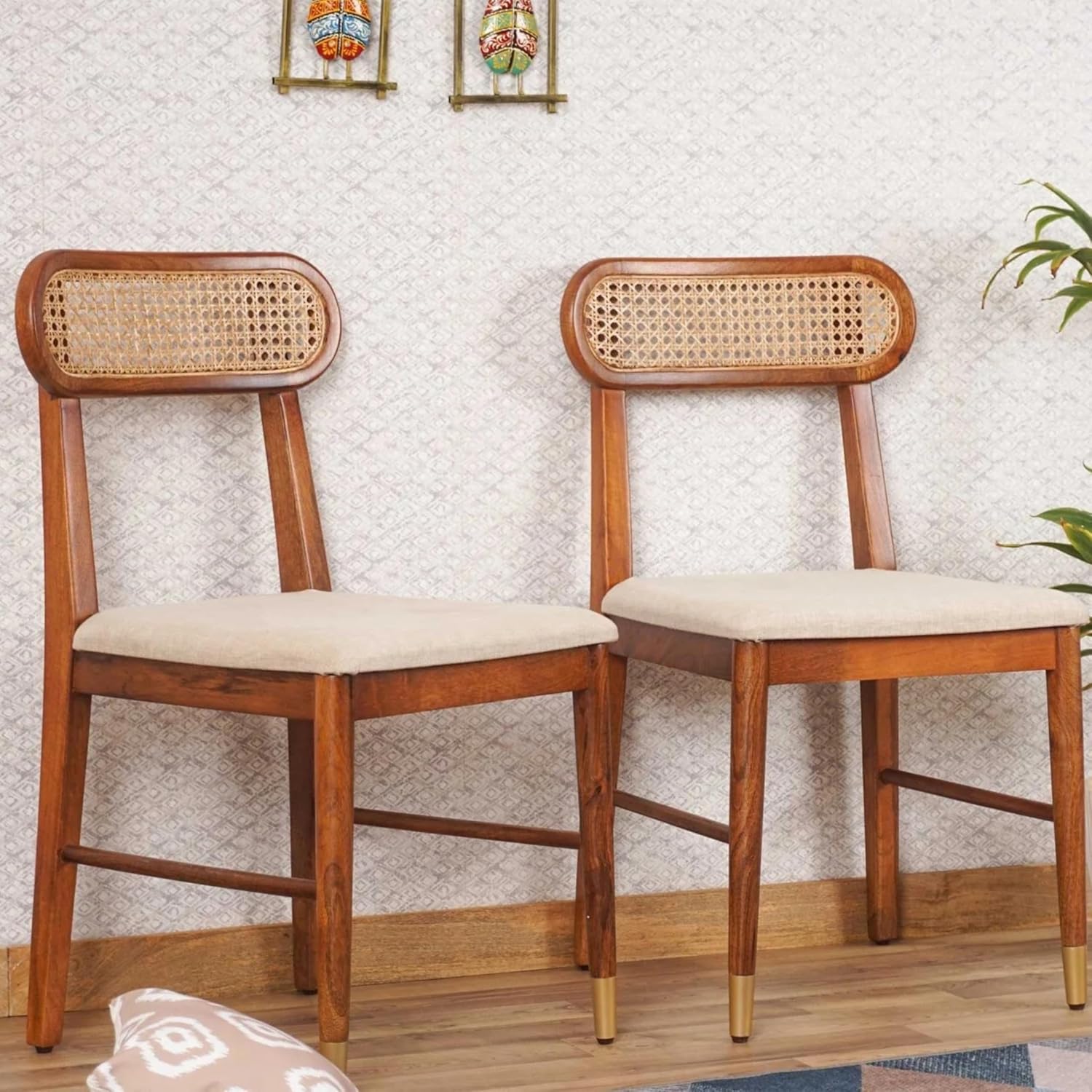RetroVesta Solid Sheesham Wood Dining Chairs Set of 2 with Cushioned Seat | Rattan Cane Backrest Wooden Chairs | Rustic Accent Furniture for Dining Room, Living Room & Home Office | Natural Walnut Brown