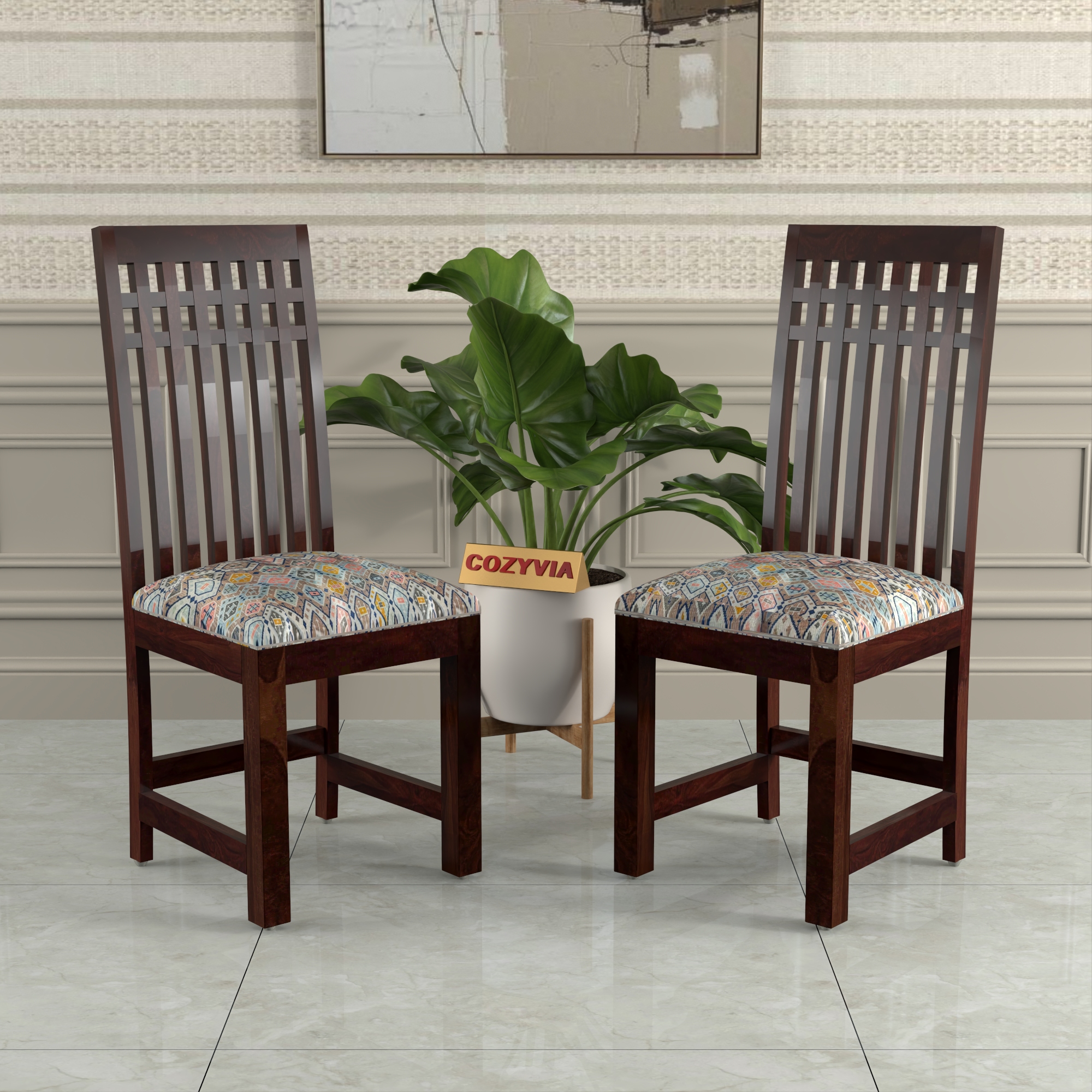 RetroVesta Sheesham Wood Dining Chairs Set of 2 | Wooden Chairs with Multicolor Geometric Printed Fabric Seat | Ethnic Upholstery & Teak Finish Dining Room Chairs for Home, Living & Office Dark Brown