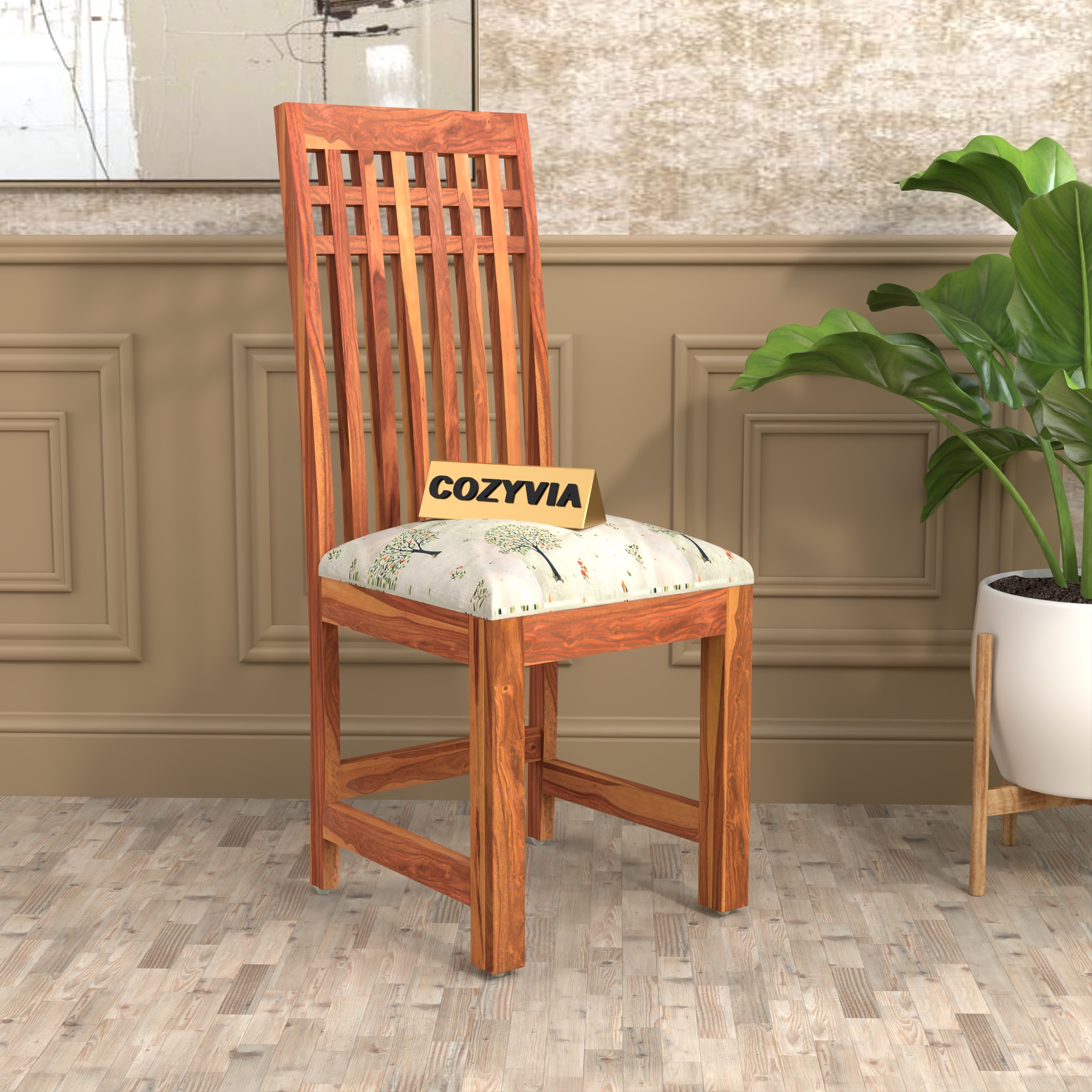 RetroVesta Sheesham Wood Dining Chairs Set of 2 | Wooden Chairs with Multicolor Geometric Printed Fabric Seat | Ethnic Upholstery & Teak Finish Dining Room Chairs for Home, Living & Office Light Brown