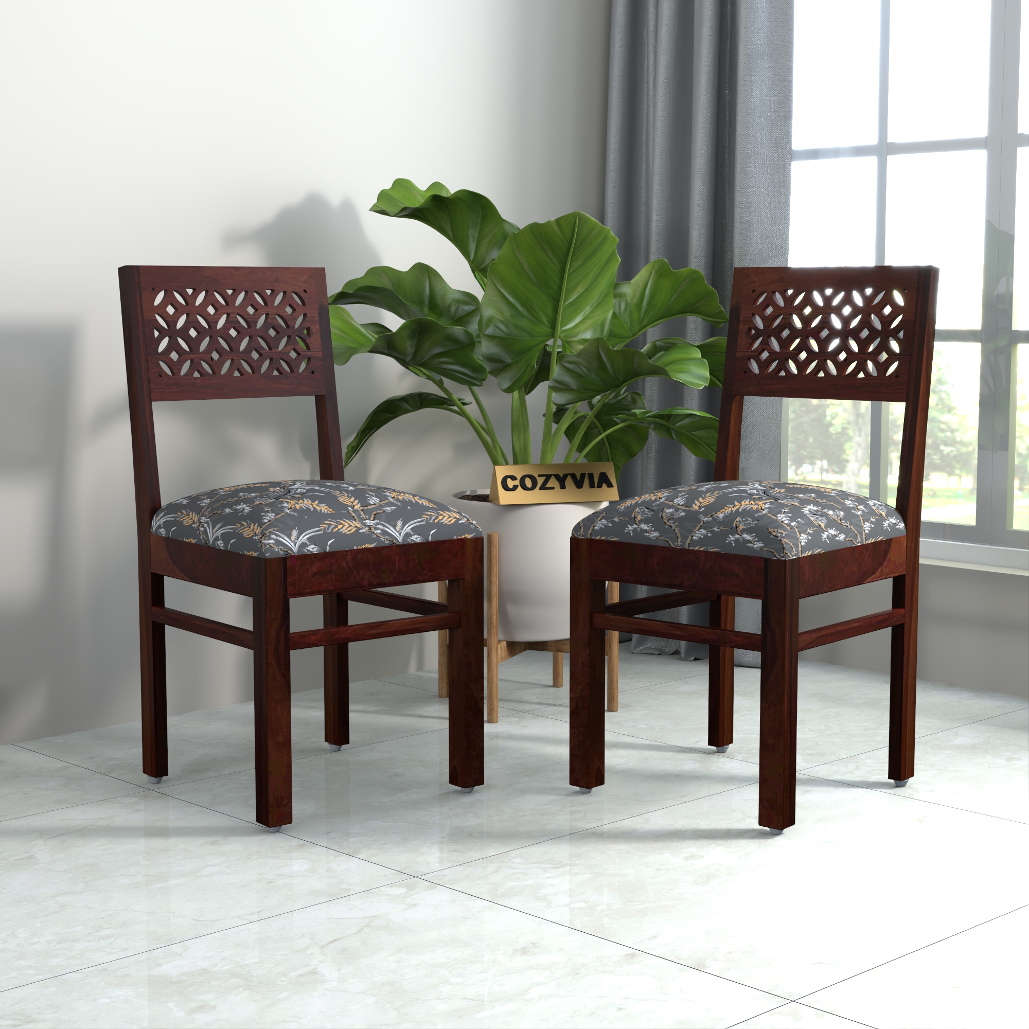 RetroVesta Sheesham Wood Dining Chair Set of 2 | Wood Dining Chairs with Cushions | Velvet Upholstered Floral Leaf Fabric in Dark Shade | Wooden Dining Chairs for Living Room, Dining Room, Dark Brown