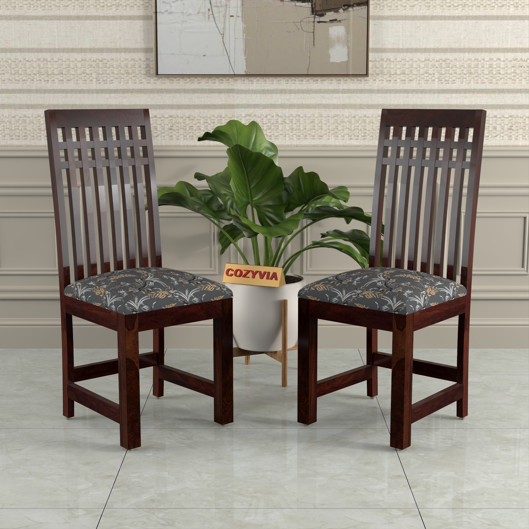 RetroVesta Sheesham Wood Dining Chairs Set of 2 with Floral Printed Cushioned Seat | Wood Dining Room Chairs for Home, Kitchen & Living Room | Teak Finish Wooden Chairs with High Backrest Dark Brown