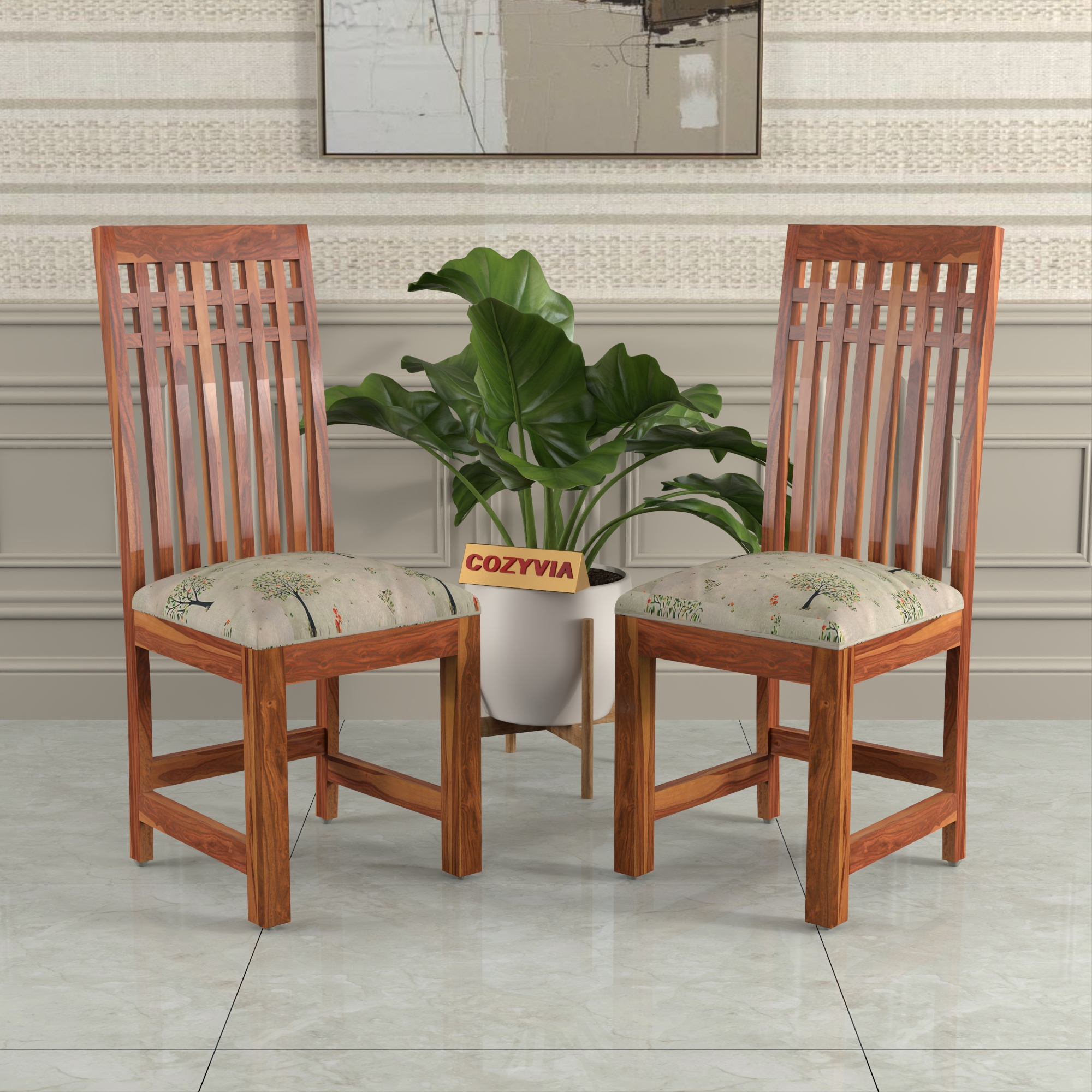 RetroVesta Sheesham Wood Dining Chairs Set of 2 | Wooden Chairs with Multicolor Geometric Printed Fabric Seat | Ethnic Upholstery & Teak Finish Dining Room Chairs for Home, Living & Office Light Brown