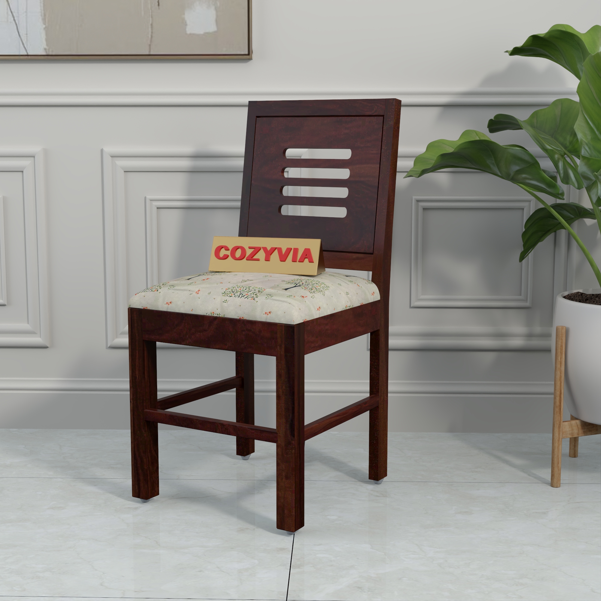 RetroVesta Wooden Dining Chairs Set of 2 with Cushion Seat Sheesham Wood Chairs with Premium Beige Floral Print Upholstery, Wooden Chairs for Dining Room, Living Room & Office Dark Brown