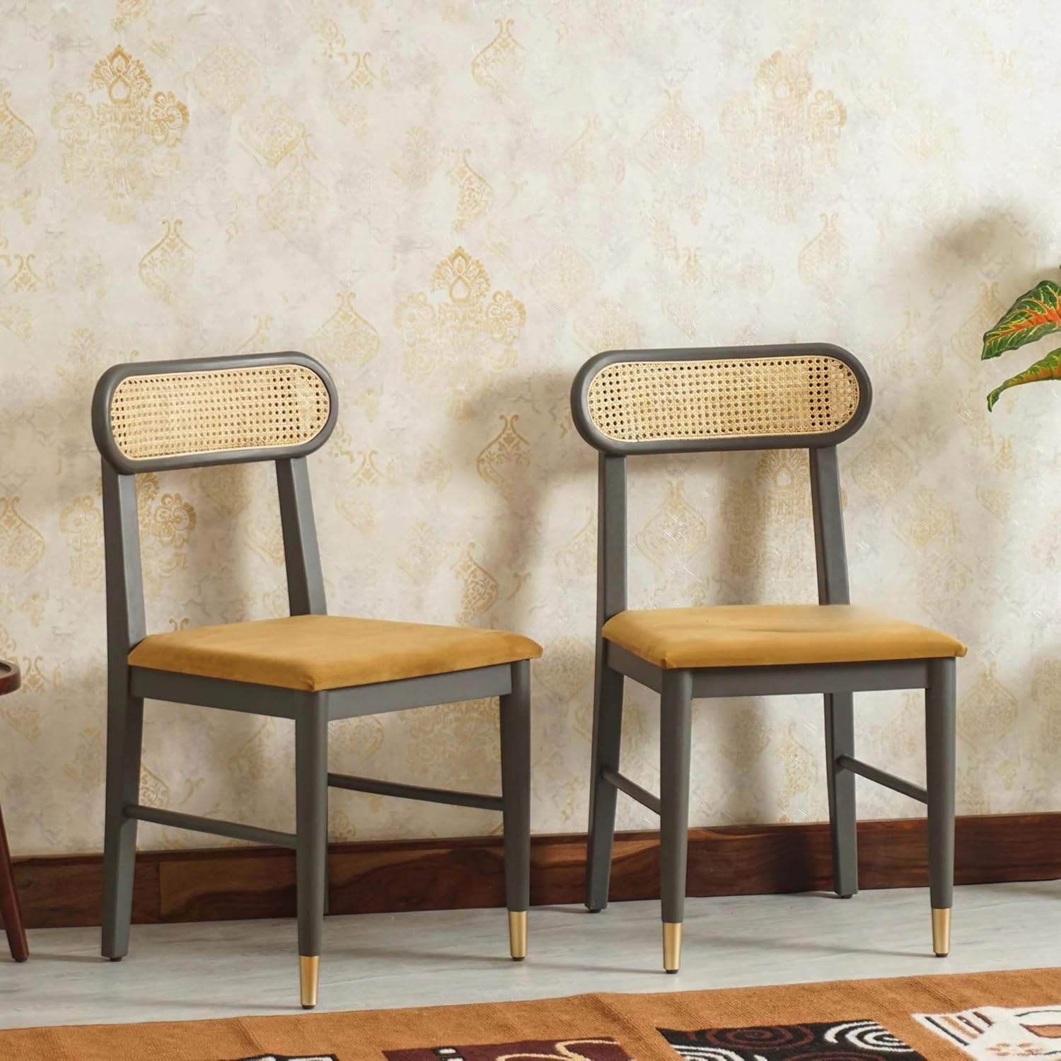 RetroVesta Solid Sheesham Wood Dining Chairs Set of 2 with Cushioned Seat | Rattan Cane Backrest Wooden Chairs | Rustic Accent Furniture for Dining Room, Living Room & Home Office | Natural Walnut Brown