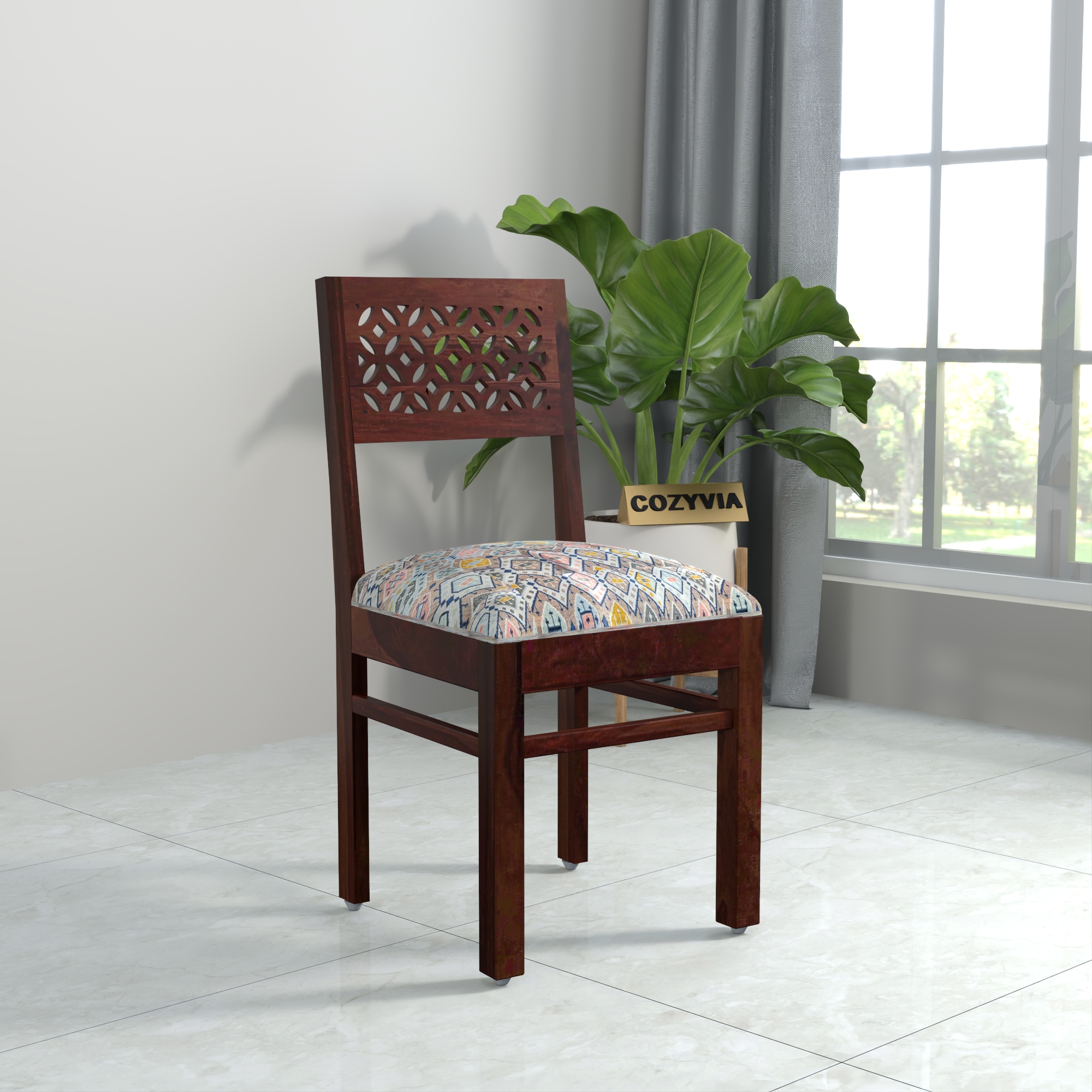 RetroVesta Sheesham Wood Dining Chair Set of 2 | Wood Dining Chairs with Cushions | Velvet Upholstered Mosaic Printed Fabric | Wooden Dining Chairs for Living Room, Dining Room, Dark Brown