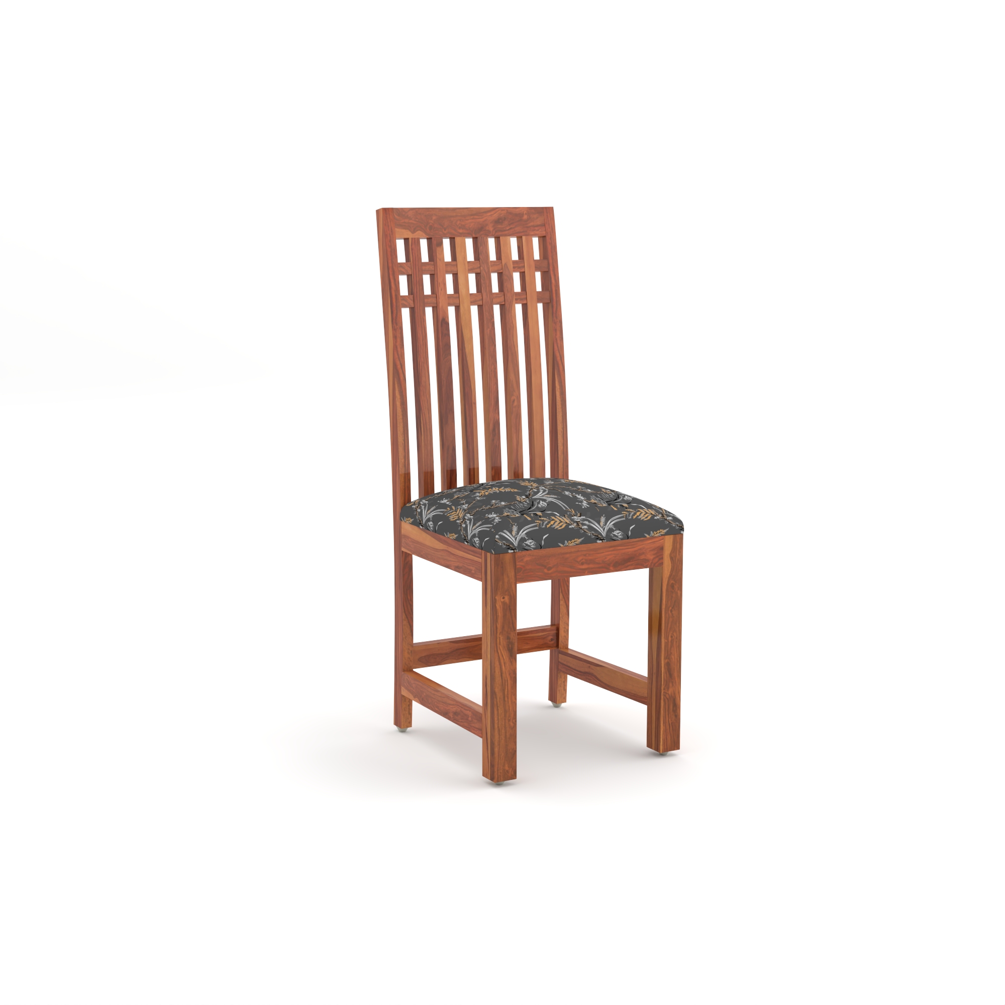 RetroVesta Wooden Dining Chairs Set of 2 with Cushion Seat Sheesham Wood Chairs with Premium Grey Floral Leaf Print Upholstery, Wooden Chairs for Dining Room, Living Room & Office Light Brown