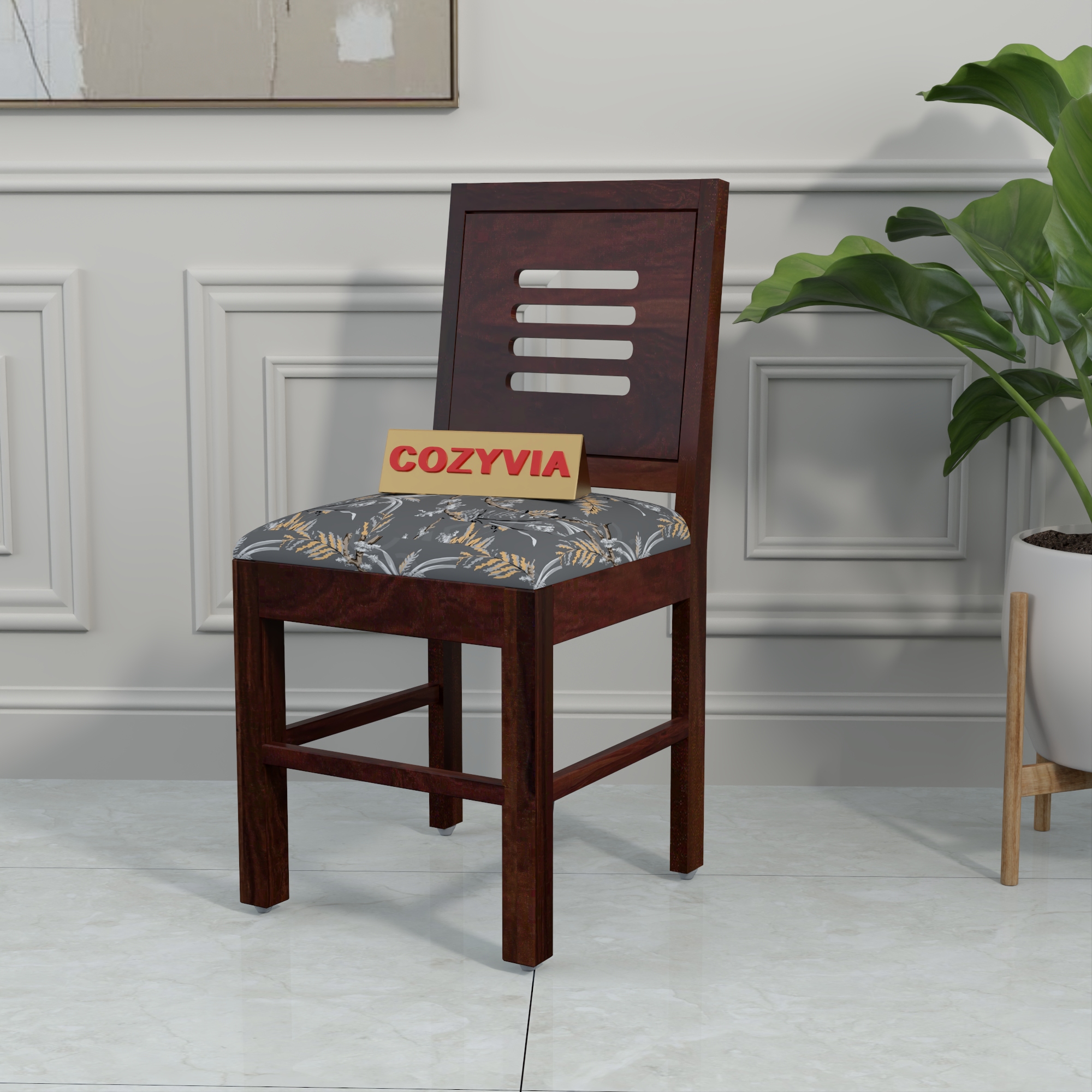 RetroVesta Wooden Dining Chairs Set of 2 with Cushion Seat Sheesham Wood Chairs with Premium Grey Floral Leaf Print Upholstery, Wooden Chairs for Dining Room, Living Room & Office Dark Brown