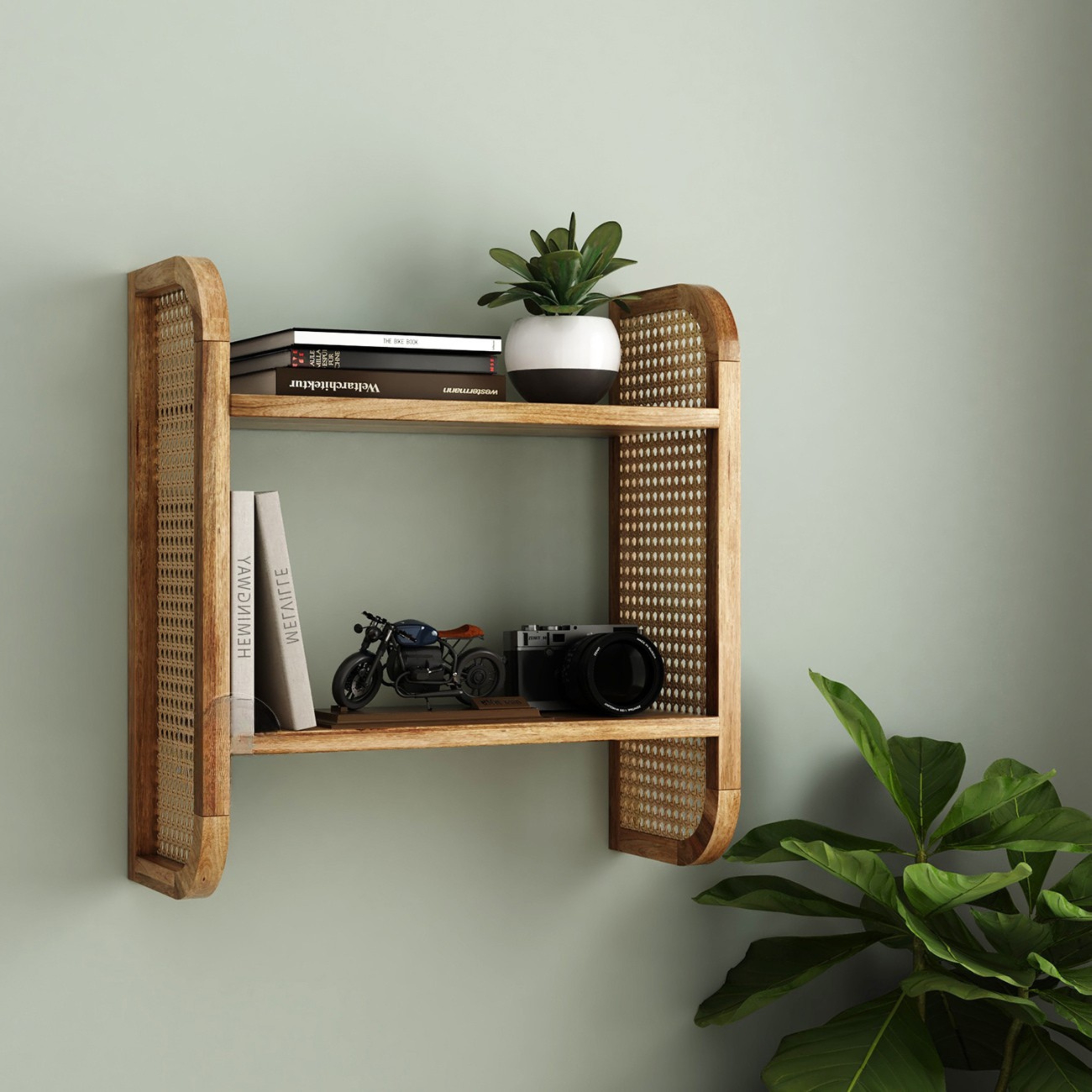 RetroVesta Wooden Wall Shelf Rattan Made Boho Design