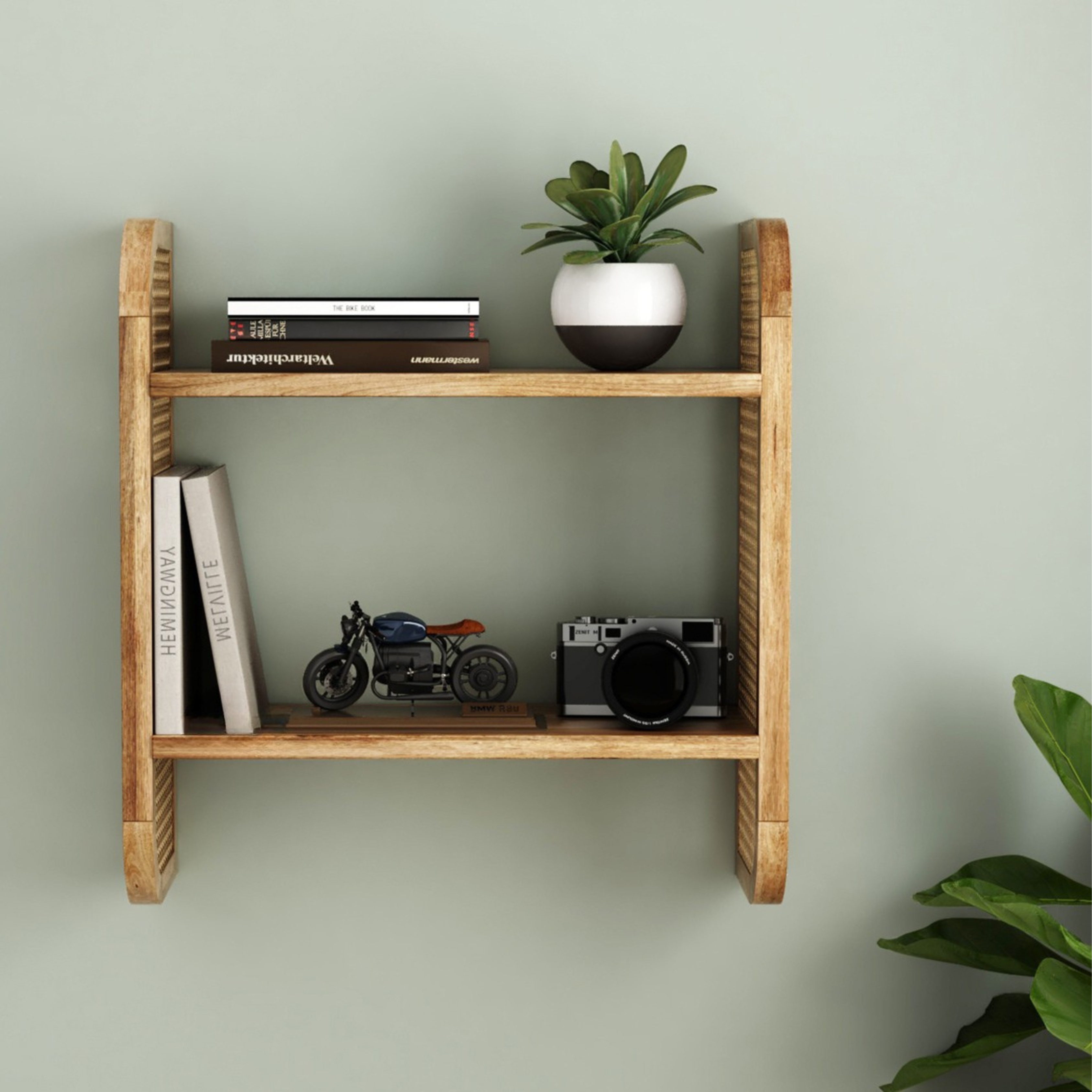 RetroVesta Wooden Wall Shelf Rattan Made Boho Design