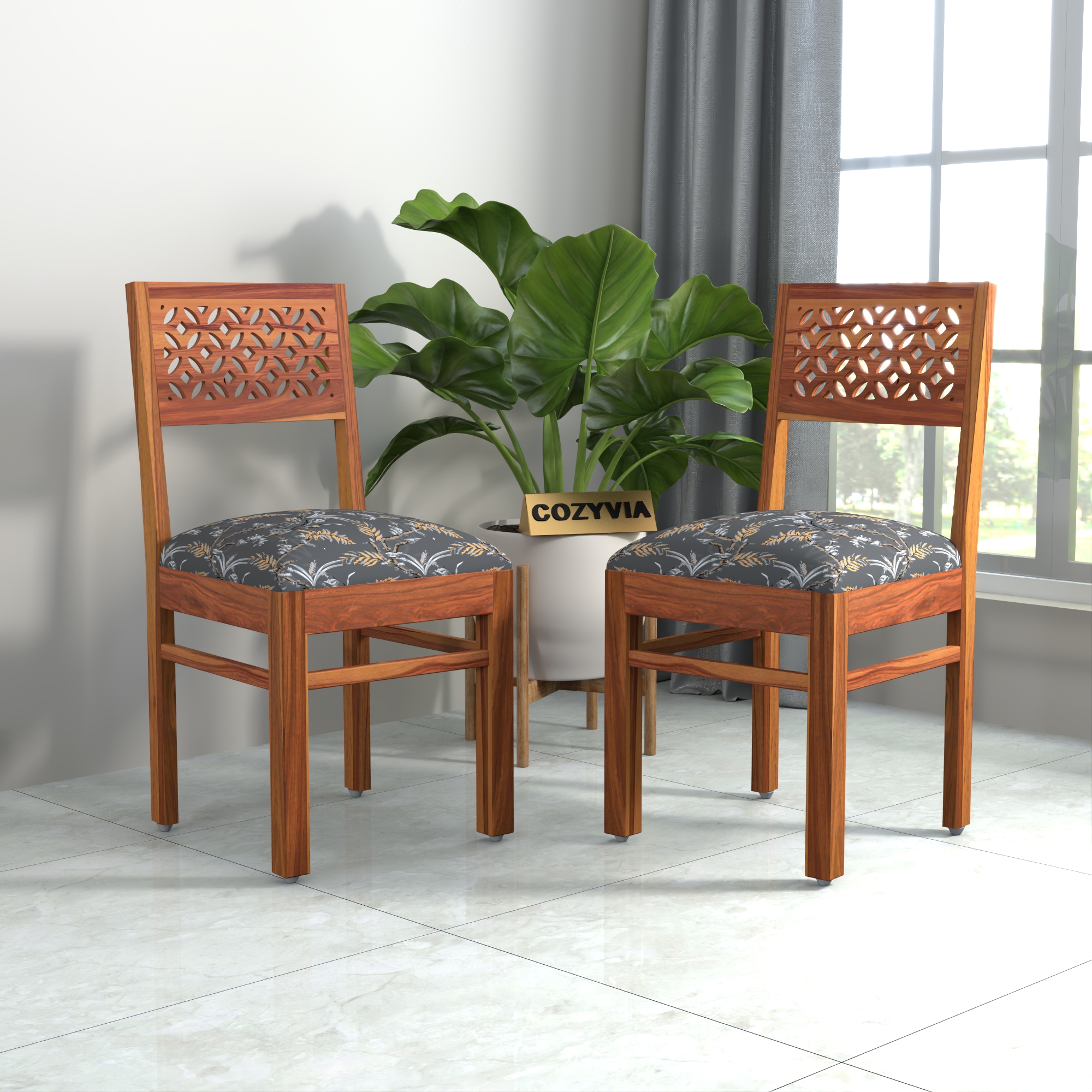 RetroVesta Sheesham Wood Dining Chair Set of 2 | Wood Dining Chairs with Cushions | Velvet Upholstered Floral Leaf Fabric in Dark Shade | Wooden Dining Chairs for Living Room, Dining Room, Light Brown