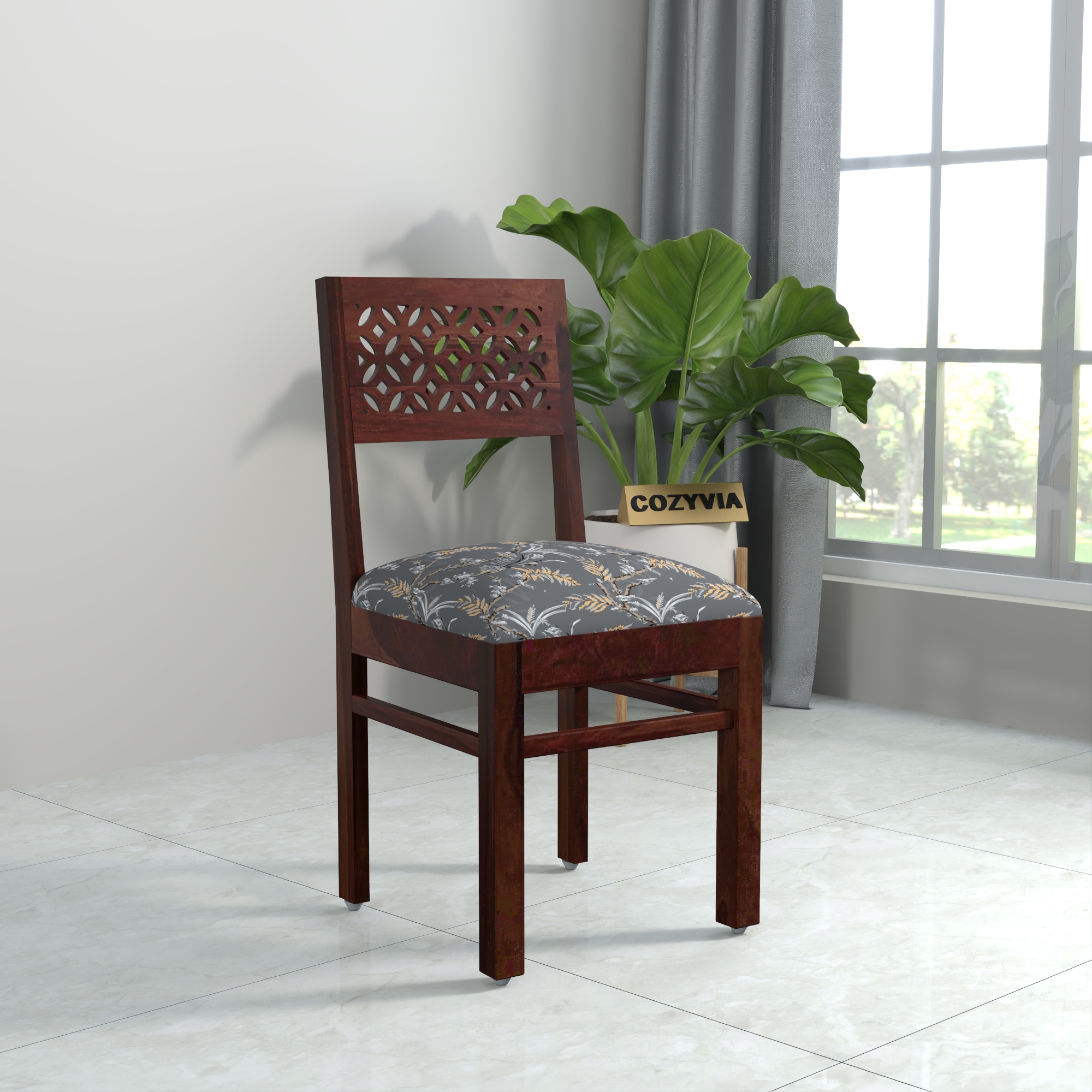 RetroVesta Sheesham Wood Dining Chair Set of 2 | Wood Dining Chairs with Cushions | Velvet Upholstered Floral Leaf Fabric in Dark Shade | Wooden Dining Chairs for Living Room, Dining Room, Dark Brown