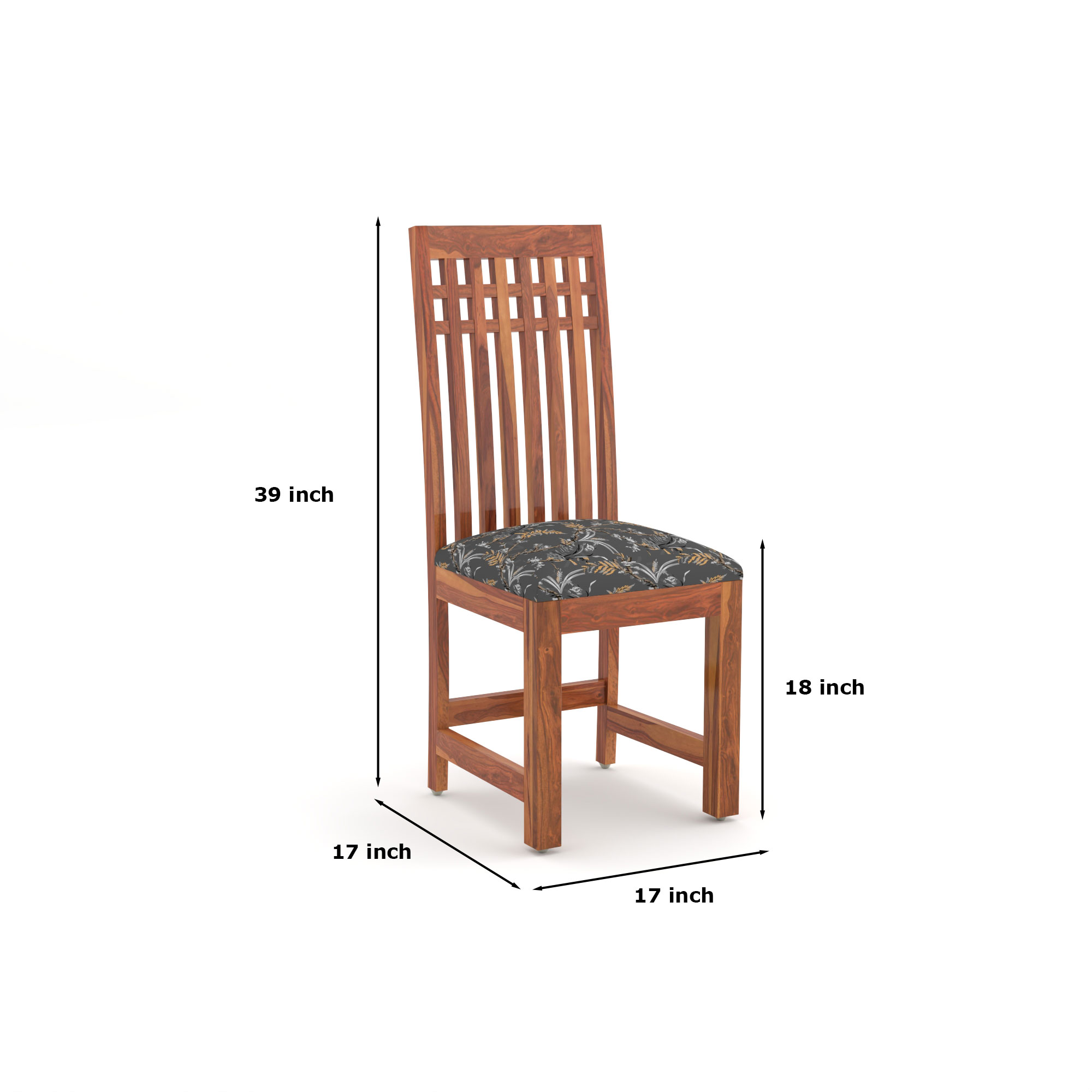RetroVesta Wooden Dining Chairs Set of 2 with Cushion Seat Sheesham Wood Chairs with Premium Grey Floral Leaf Print Upholstery, Wooden Chairs for Dining Room, Living Room & Office Light Brown