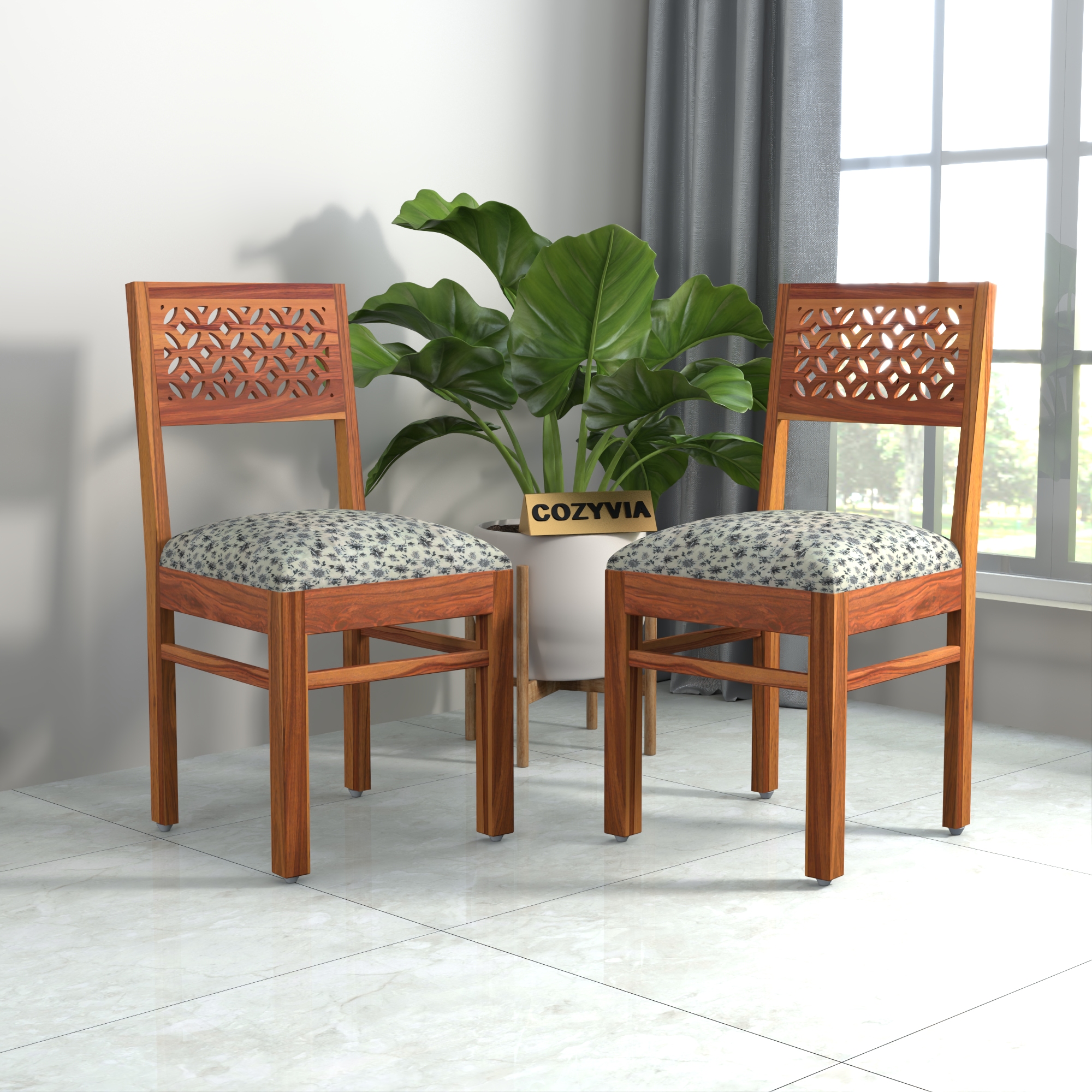 RetroVesta Sheesham Wood Dining Chair Set of 2 | Wood Dining Chairs with Cushion | Velvet Upholstered Mosaic Floral Printed Fabric | Wooden Dining Chairs for Living Room, Dining Room, Light Brown
