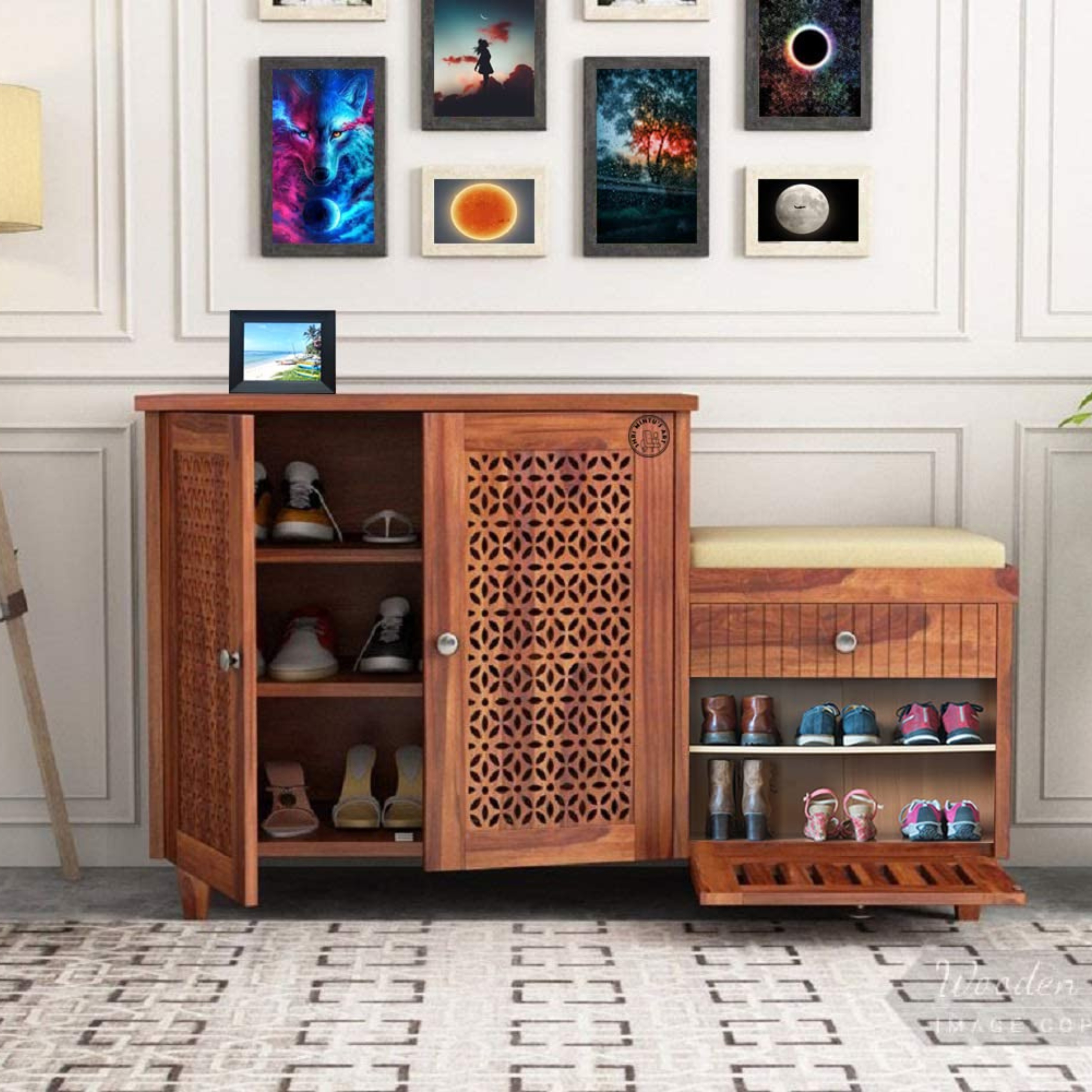 RetroVesta Wooden Shoe Rack with Cushioned Seat