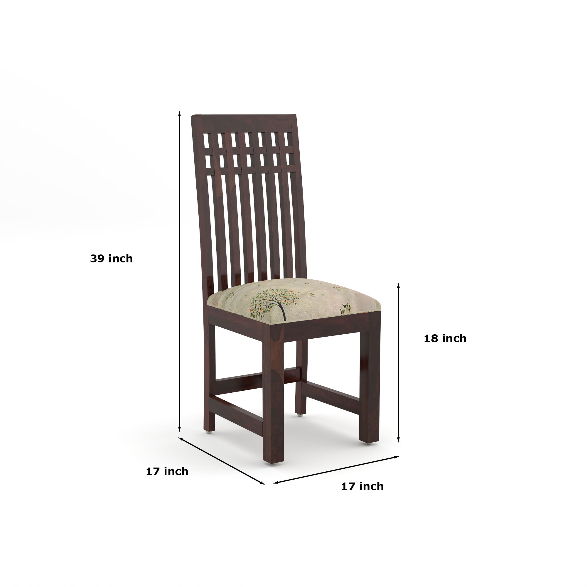 RetroVesta Sheesham Wood Dining Chairs Set of 2 | Wooden Chairs with Beige Tree Print Cushioned Seat | Fabric Upholstery | Teak Finish Dining Room Chairs for Home & Living Room Dark Brown