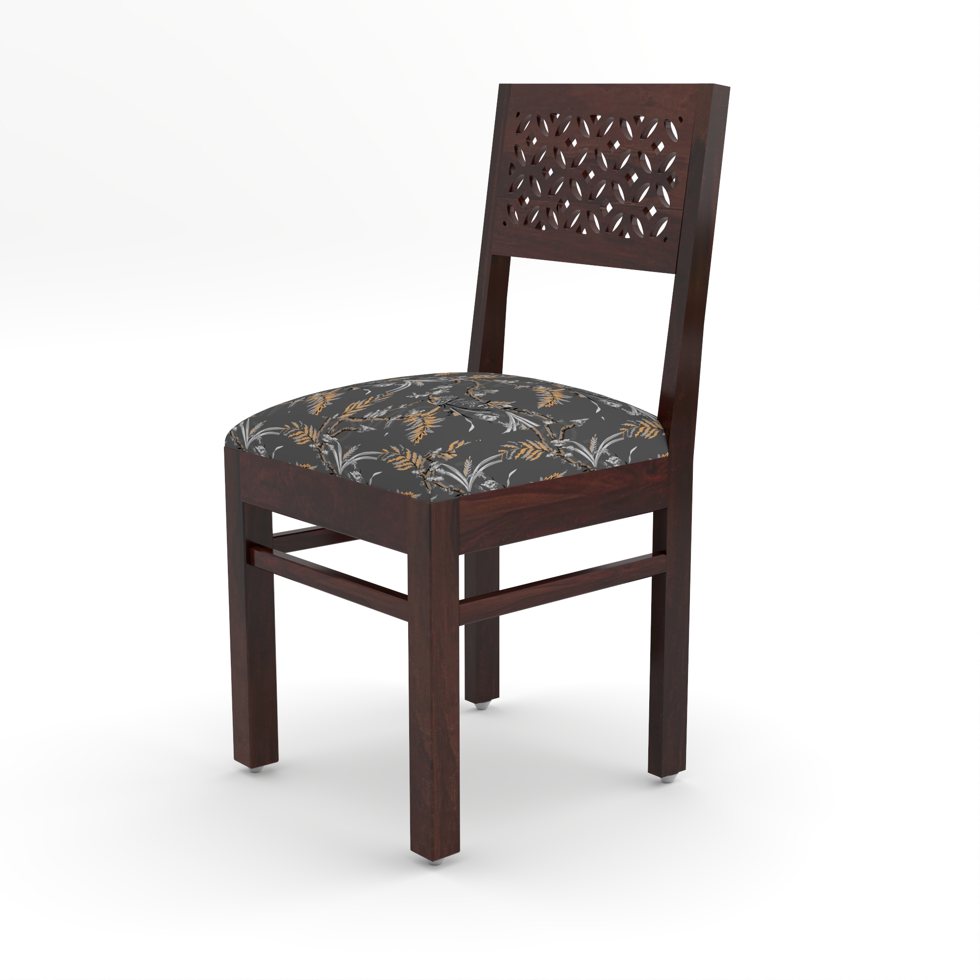 RetroVesta Sheesham Wood Dining Chair Set of 2 | Wood Dining Chairs with Cushions | Velvet Upholstered Floral Leaf Fabric in Dark Shade | Wooden Dining Chairs for Living Room, Dining Room, Dark Brown