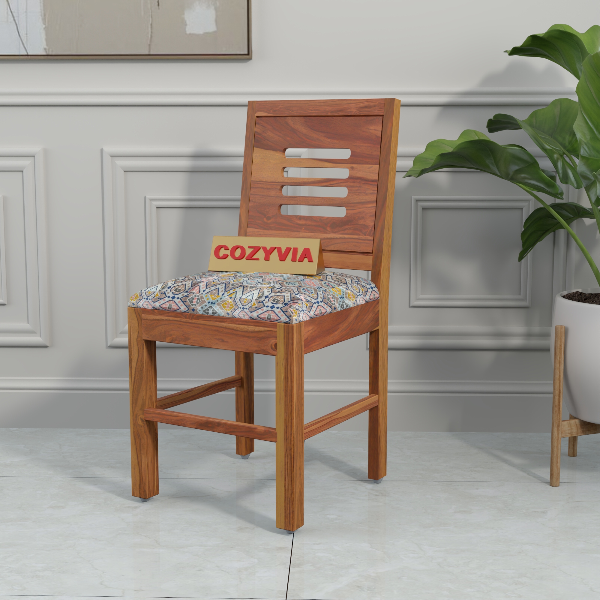 RetroVesta Wooden Dining Chairs Set of 2 with Cushion Seat ? Sheesham Wood Chairs with Premium Beige Floral Print Upholstery, Wooden Chairs for Dining Room, Living Room & Office Light Brown