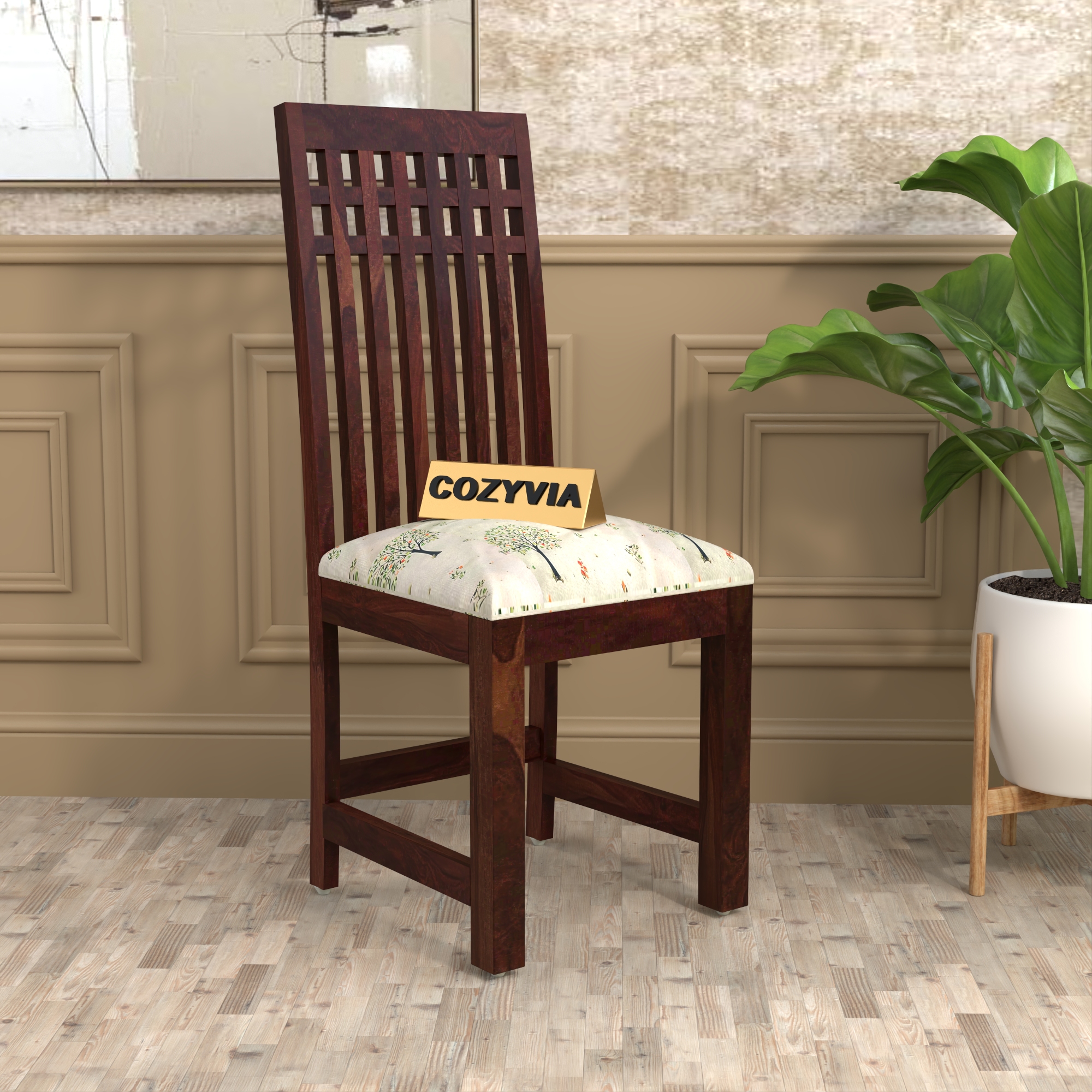 RetroVesta Sheesham Wood Dining Chairs Set of 2 | Wooden Chairs with Beige Tree Print Cushioned Seat | Fabric Upholstery | Teak Finish Dining Room Chairs for Home & Living Room Dark Brown