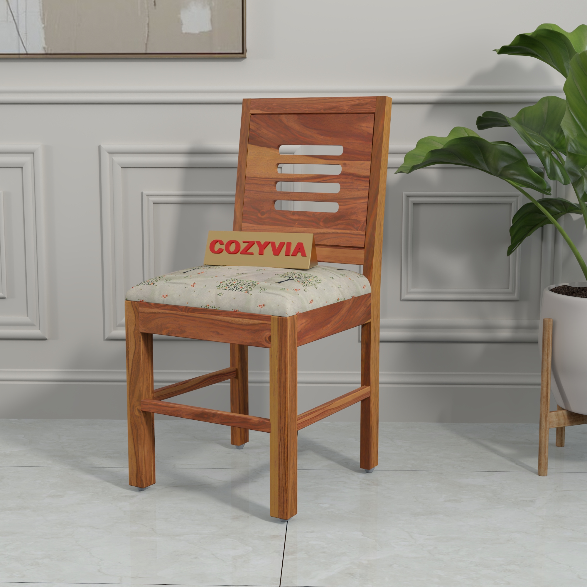 RetroVesta Sheesham Wood Dining Chairs Set of 2 | Wooden Chairs with Beige Tree Print Cushioned Seat | Fabric Upholstery | Teak Finish Dining Room Chairs for Home & Living Room Light Brown