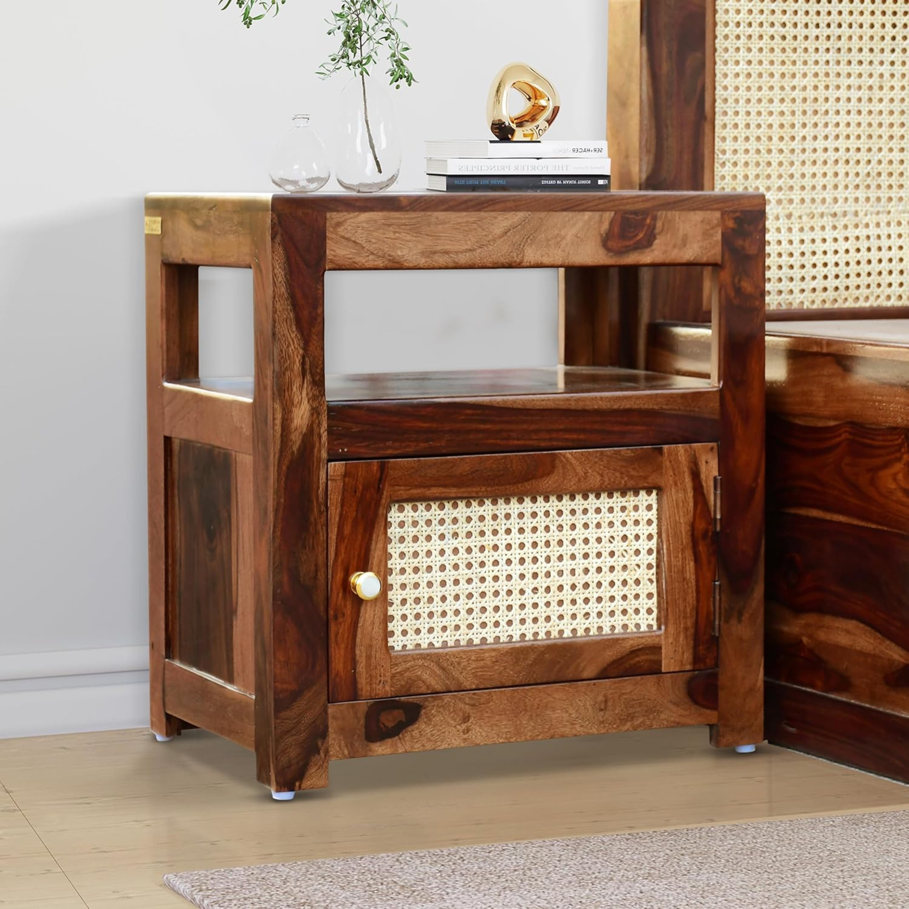 RetroVesta Wooden Nightstand with Cane Panel
