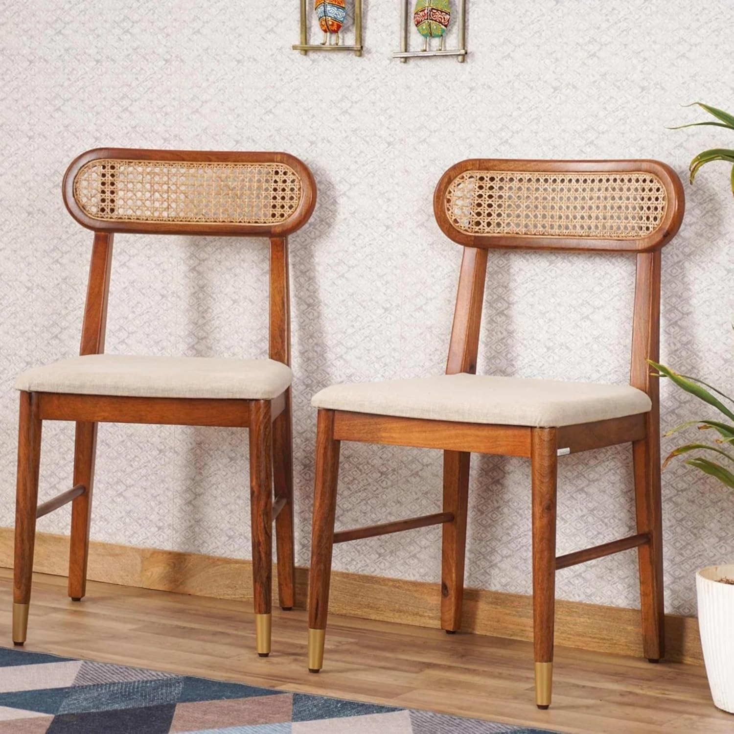 RetroVesta Solid Sheesham Wood Dining Chairs Set of 2 with Cushioned Seat | Rattan Cane Backrest Wooden Chairs | Rustic Accent Furniture for Dining Room, Living Room & Home Office | Natural Walnut Brown