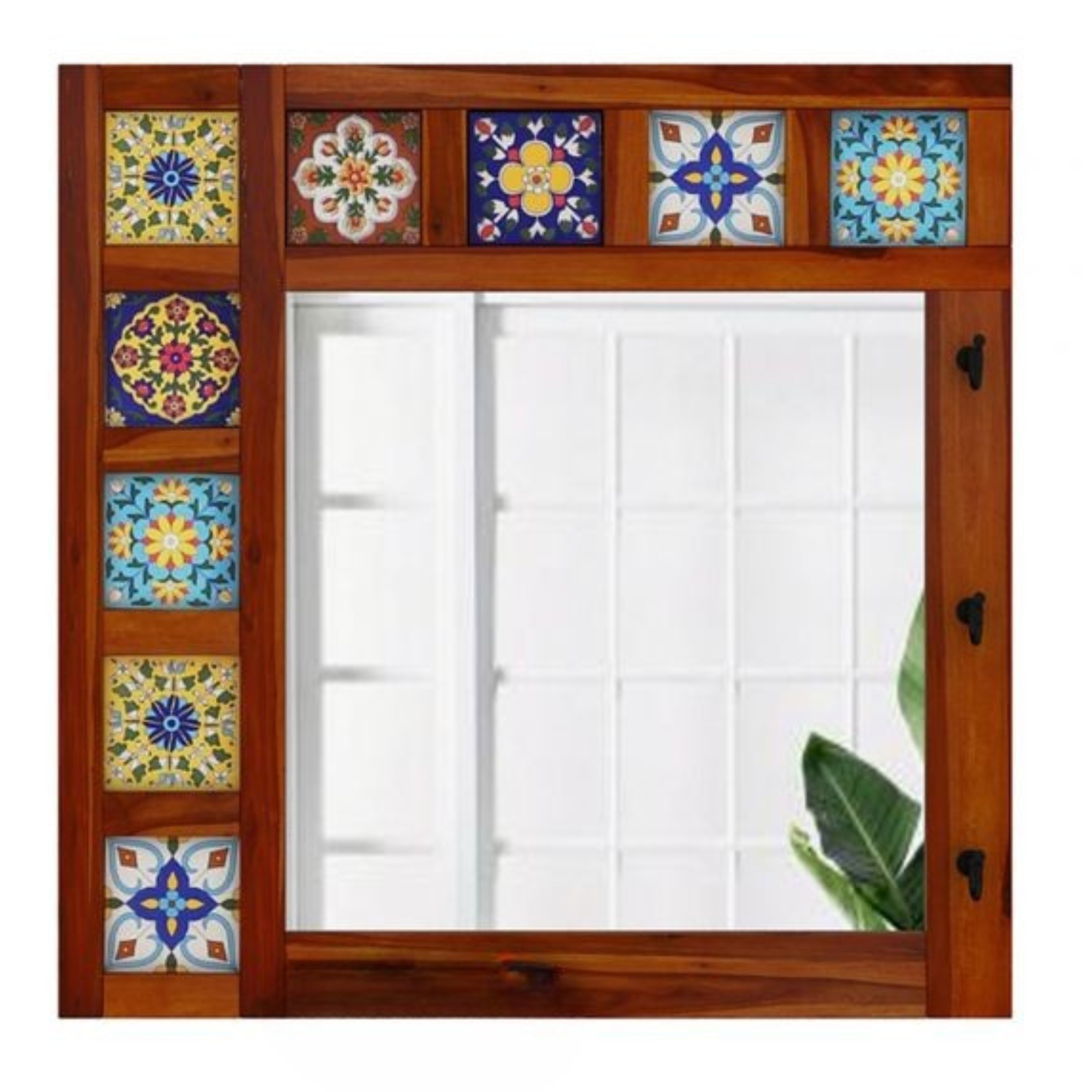 RetroVesta Handcrafted Wooden Mirror with Colorful Ceramic Tiles