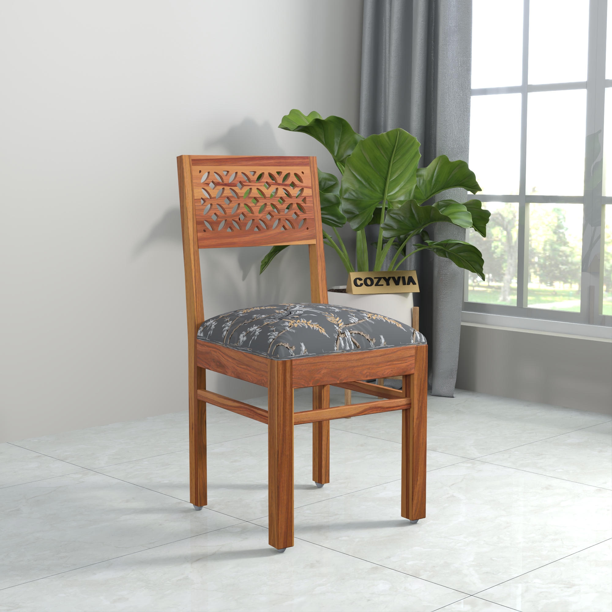 RetroVesta Sheesham Wood Dining Chair Set of 2 | Wood Dining Chairs with Cushions | Velvet Upholstered Floral Leaf Fabric in Dark Shade | Wooden Dining Chairs for Living Room, Dining Room, Light Brown