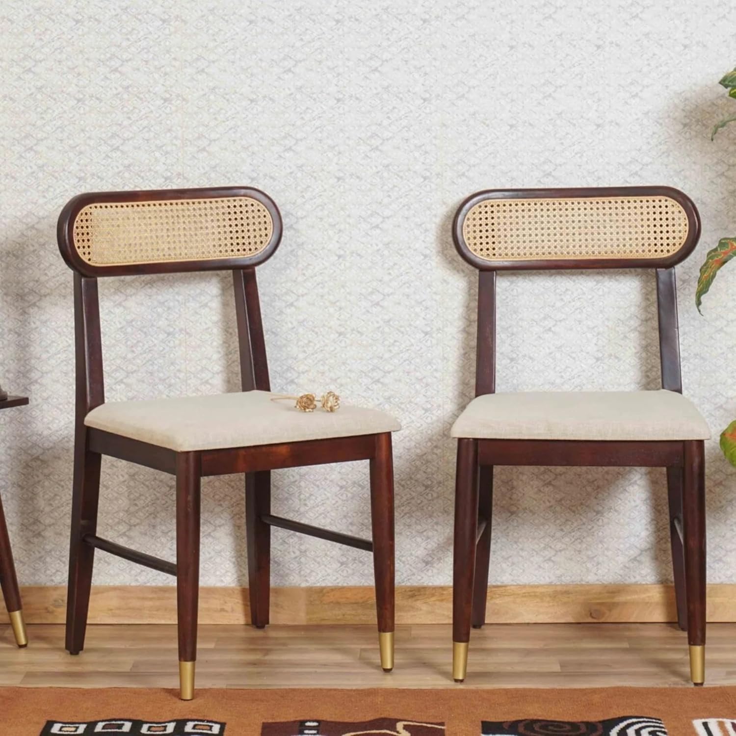 RetroVesta Solid Sheesham Wood Dining Chairs Set of 2 with Cushioned Seat | Rattan Cane Backrest Wooden Chairs | Rustic Accent Furniture for Dining Room, Living Room & Home Office | Natural Walnut Brown