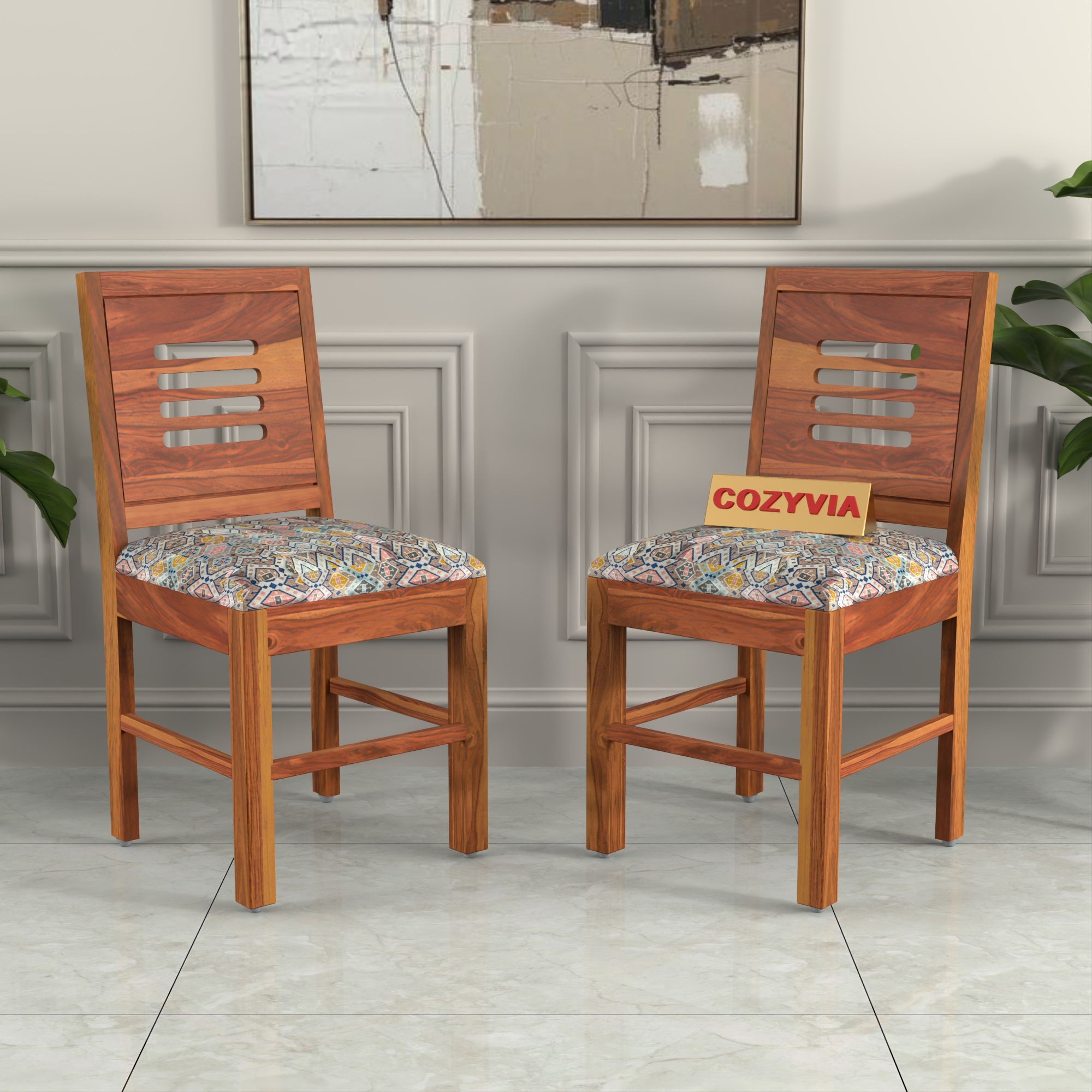 RetroVesta Wooden Dining Chairs Set of 2 with Cushion Seat ? Sheesham Wood Chairs with Premium Beige Floral Print Upholstery, Wooden Chairs for Dining Room, Living Room & Office Light Brown