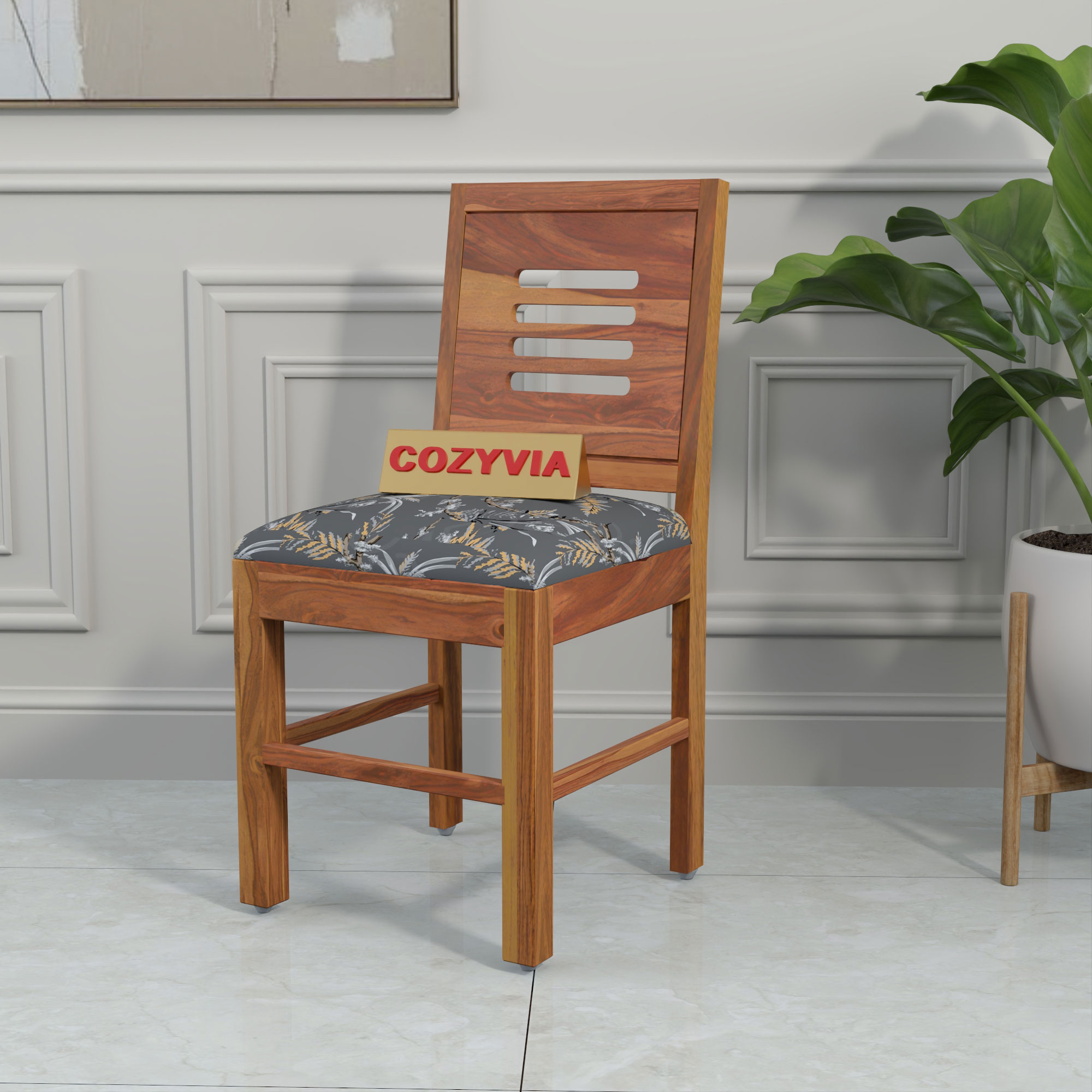 RetroVesta Wooden Dining Chairs Set of 2 with Cushion Seat ? Sheesham Wood Chairs with Premium Grey Floral Leaf Print Upholstery, Wooden Chairs for Dining Room, Living Room & Office Light Brown