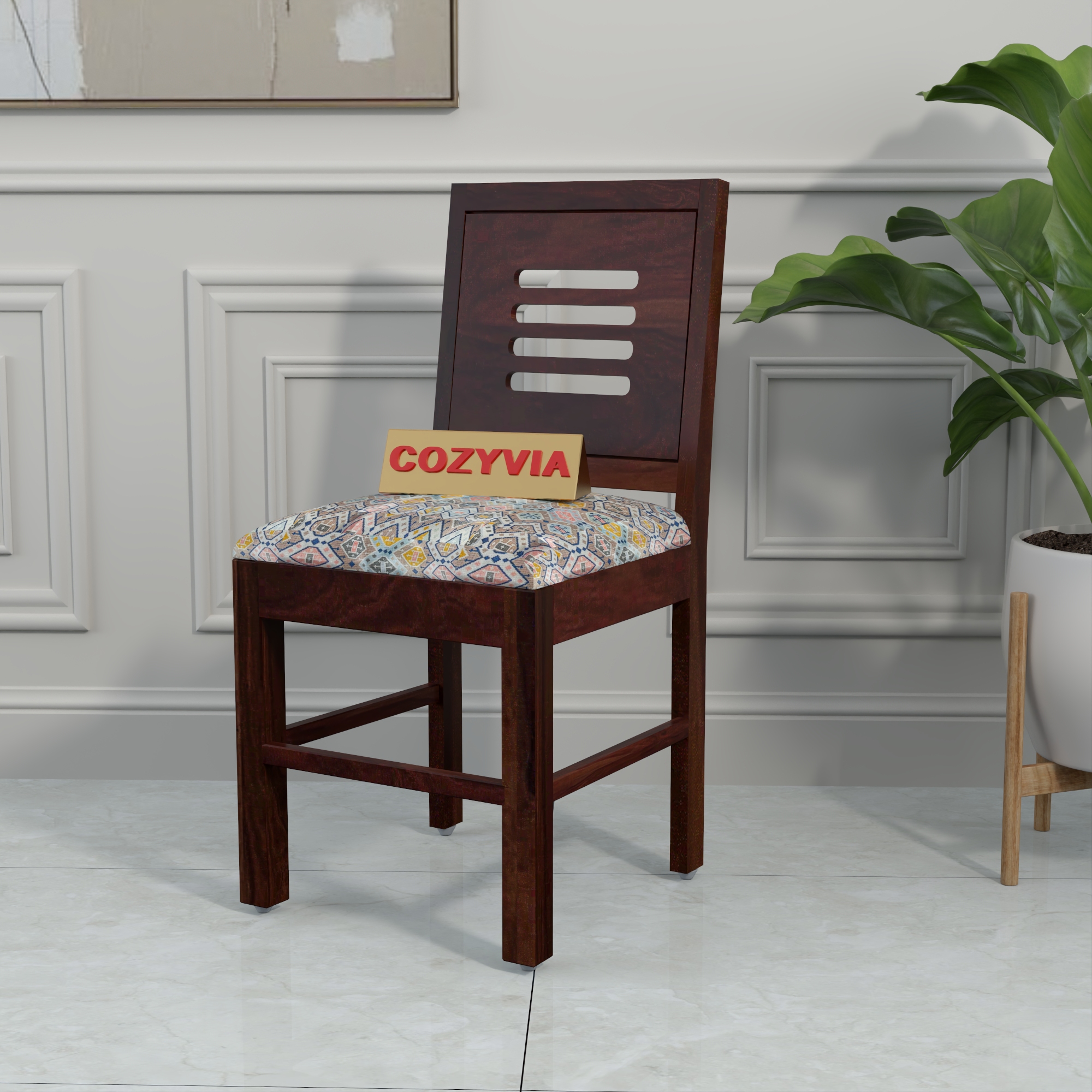 RetroVesta Wooden Dining Chairs Set of 2 with Cushion Seat ? Sheesham Wood Chairs with Premium Multicolor Abstract Geometric Print Upholstery, Chairs for Dining Room, Living Room & Office Dark Brown