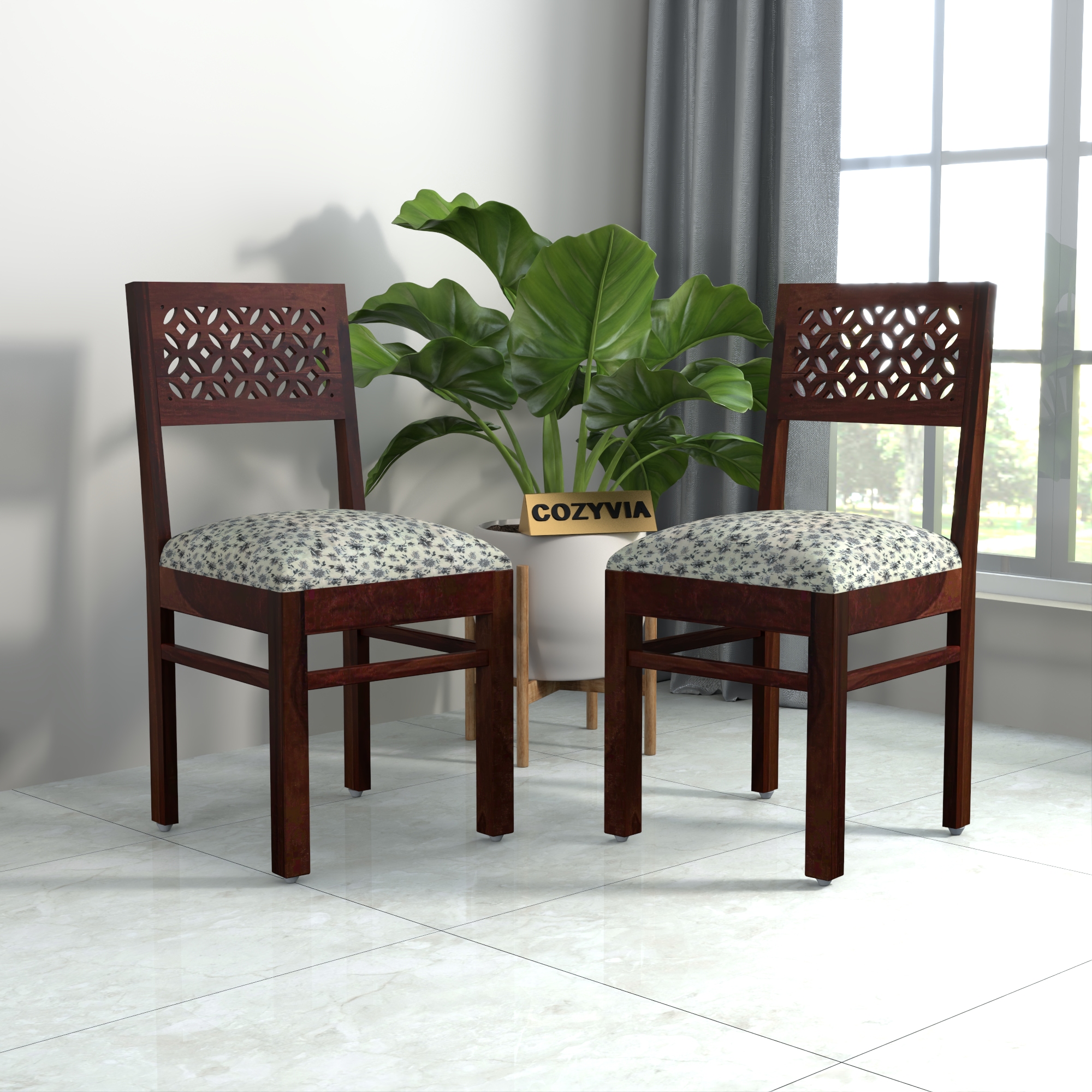 RetroVesta Sheesham Wood Dining Chair Set of 2 | Wood Dining Chairs with Cushion | Velvet Upholstered Mosaic Floral Printed Fabric | Wooden Dining Chairs for Living Room, Dining Room, Dark Brown