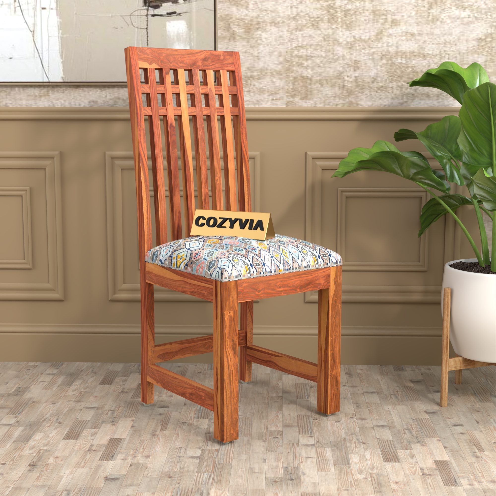RetroVesta Sheesham Wood Dining Chairs Set of 2 | Wooden Chairs with Beige Floral Printed Cushioned Seat | Upholstery & Teak Finish Chairs for Dining Room, Living Room & Home Furniture Light Brown