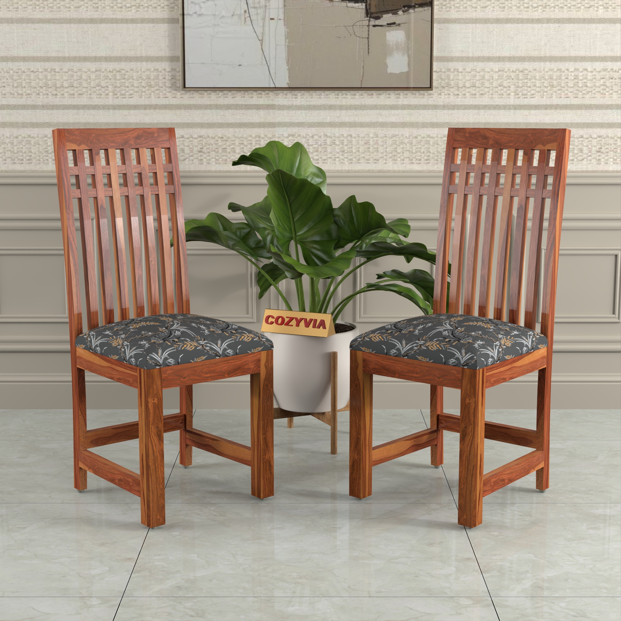 RetroVesta Wooden Dining Chairs Set of 2 with Cushion Seat Sheesham Wood Chairs with Premium Grey Floral Leaf Print Upholstery, Wooden Chairs for Dining Room, Living Room & Office Light Brown