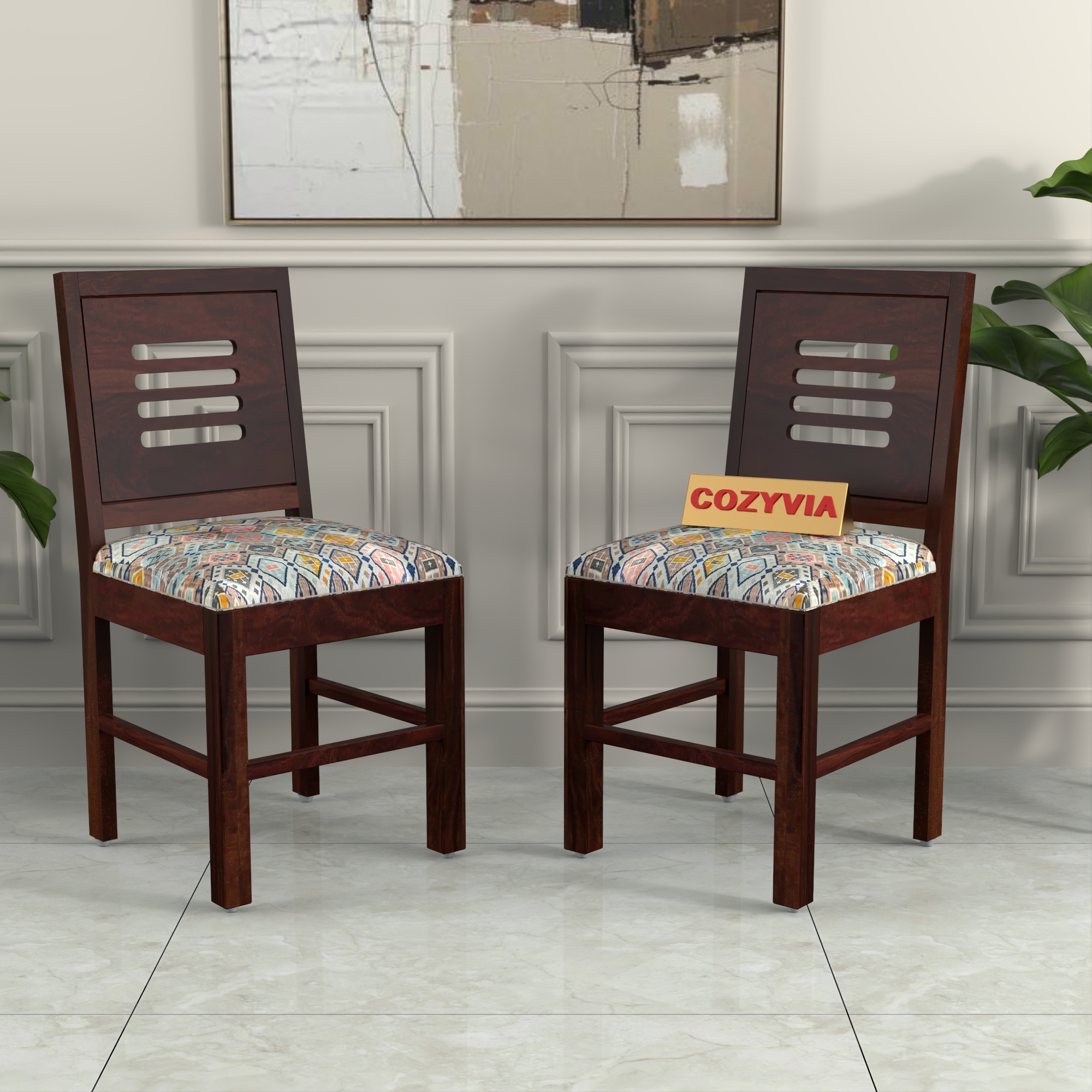RetroVesta Wooden Dining Chairs Set of 2 with Cushion Seat ? Sheesham Wood Chairs with Premium Multicolor Abstract Geometric Print Upholstery, Chairs for Dining Room, Living Room & Office Dark Brown