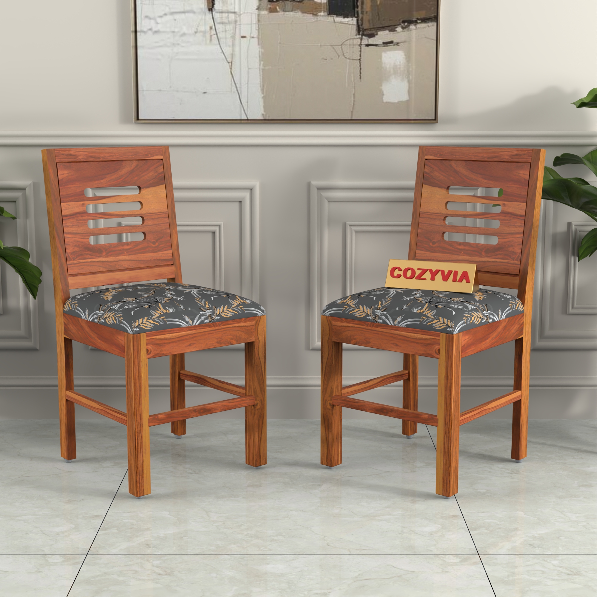 RetroVesta Wooden Dining Chairs Set of 2 with Cushion Seat ? Sheesham Wood Chairs with Premium Grey Floral Leaf Print Upholstery, Wooden Chairs for Dining Room, Living Room & Office Light Brown