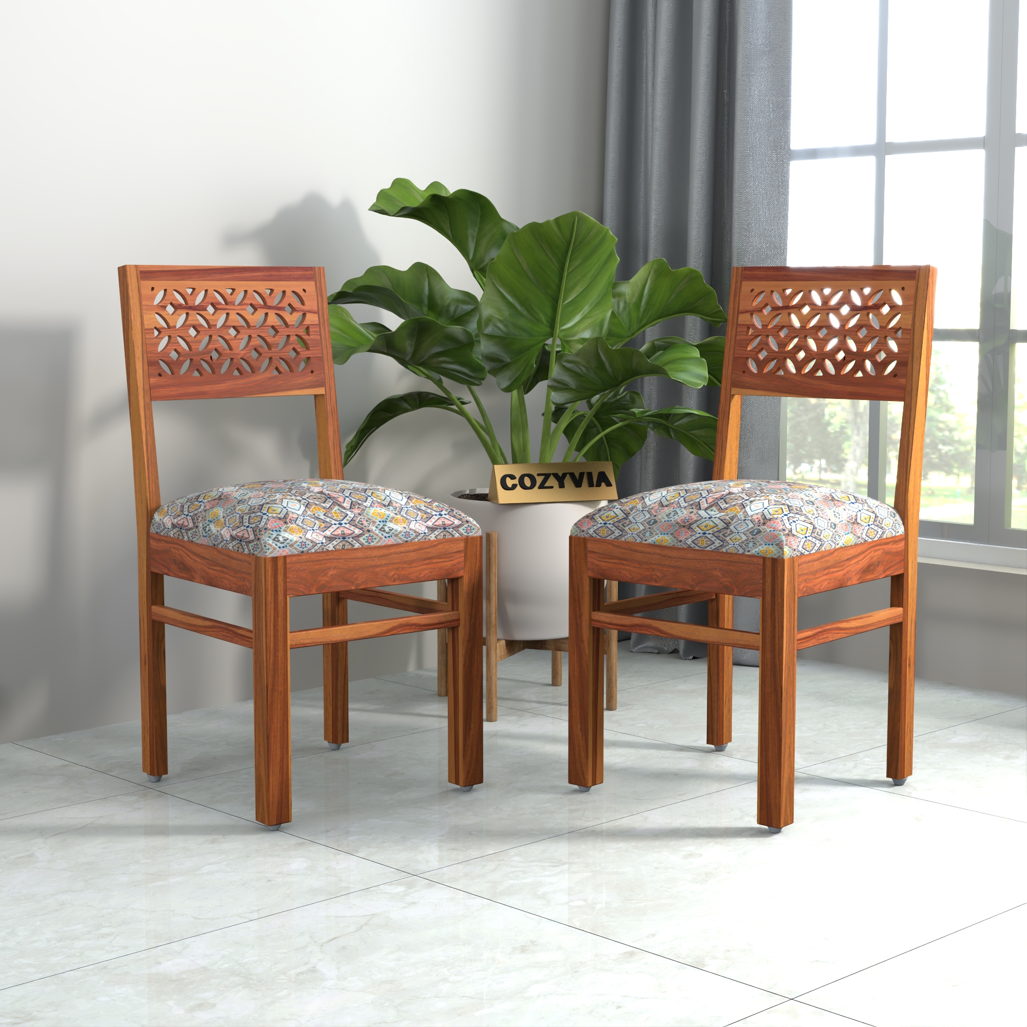 RetroVesta Sheesham Wood Dining Chair Set of 2 | Wood Dining Chairs with Cushions | Velvet Upholstered Mosaic Printed Fabric | Wooden Dining Chairs for Living Room, Dining Room, Light Brown