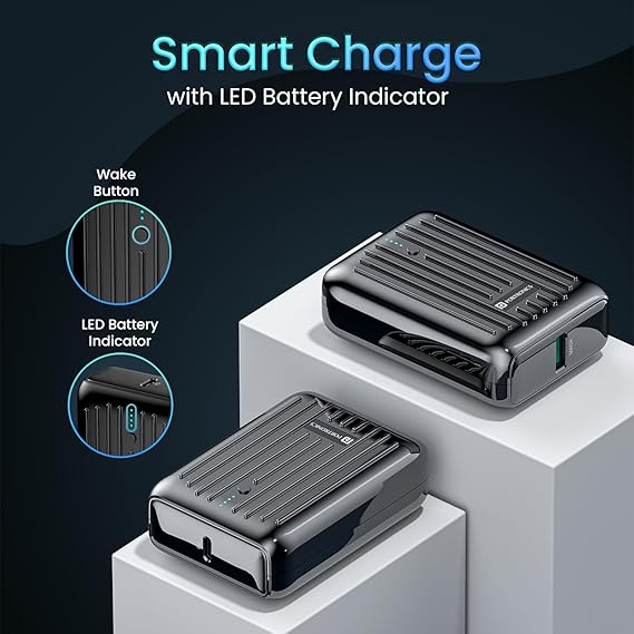 Portronics Zapcell 10k 10000mAh 22.5W Pocket Size Nano Powerbank with Compact and Light Weight Design,Type C PD Output/Input, Mach USB-A Output,Power Delivery,Quick Charge for iPhone, Androids(Black)
