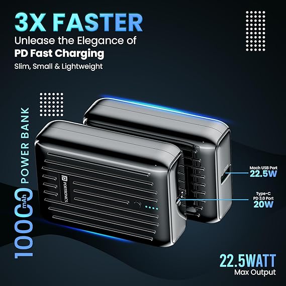 Portronics Zapcell 10k 10000mAh 22.5W Pocket Size Nano Powerbank with Compact and Light Weight Design,Type C PD Output/Input, Mach USB-A Output,Power Delivery,Quick Charge for iPhone, Androids(Black)