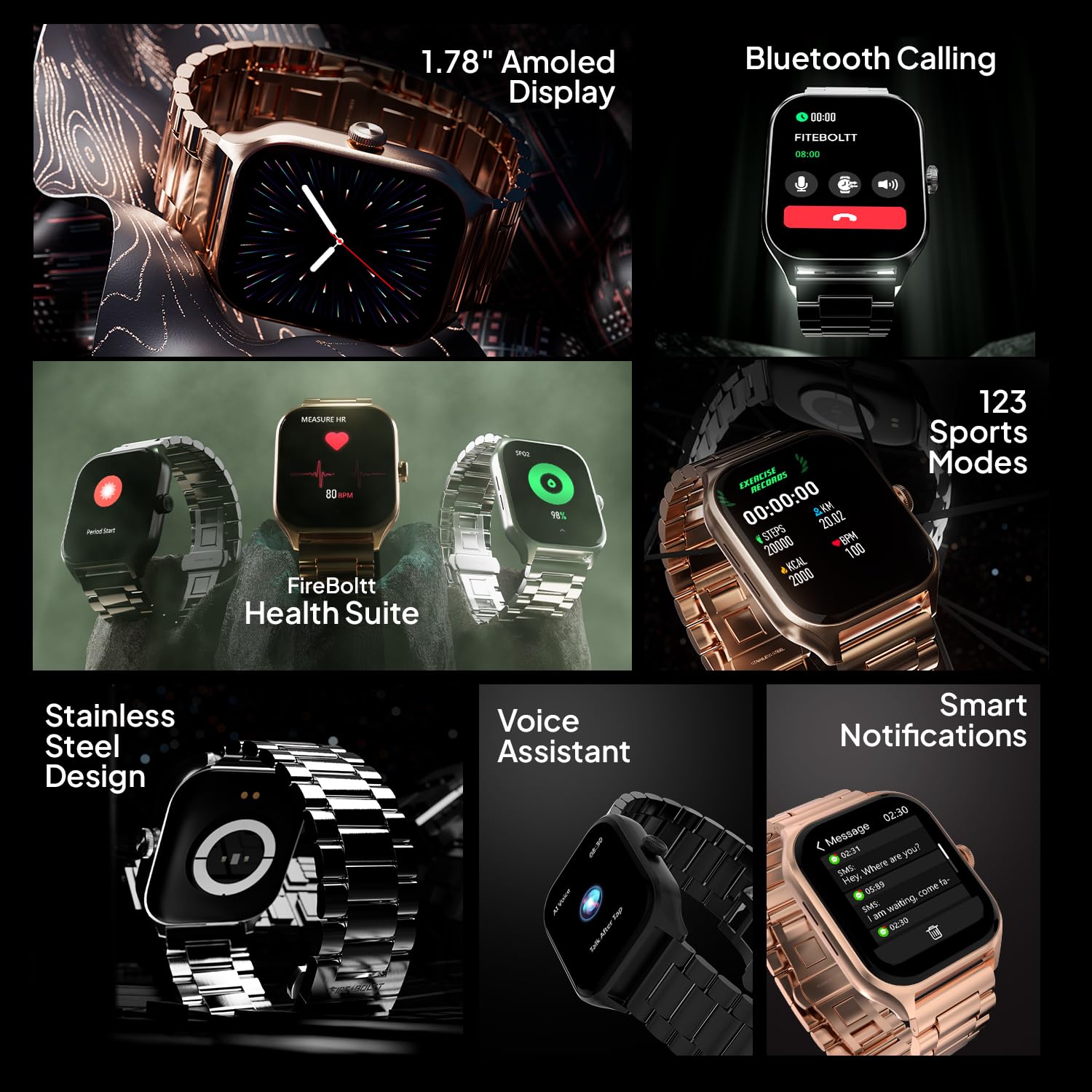 Fire-Boltt Solaris 1.78” AMOLED Always-on Display with 368 * 448 px Resolution, 123 Sports Mode, IP68 Water-Resistant, Long-Lasting Battery Life and Comprehensive Health Tracking (Pink)