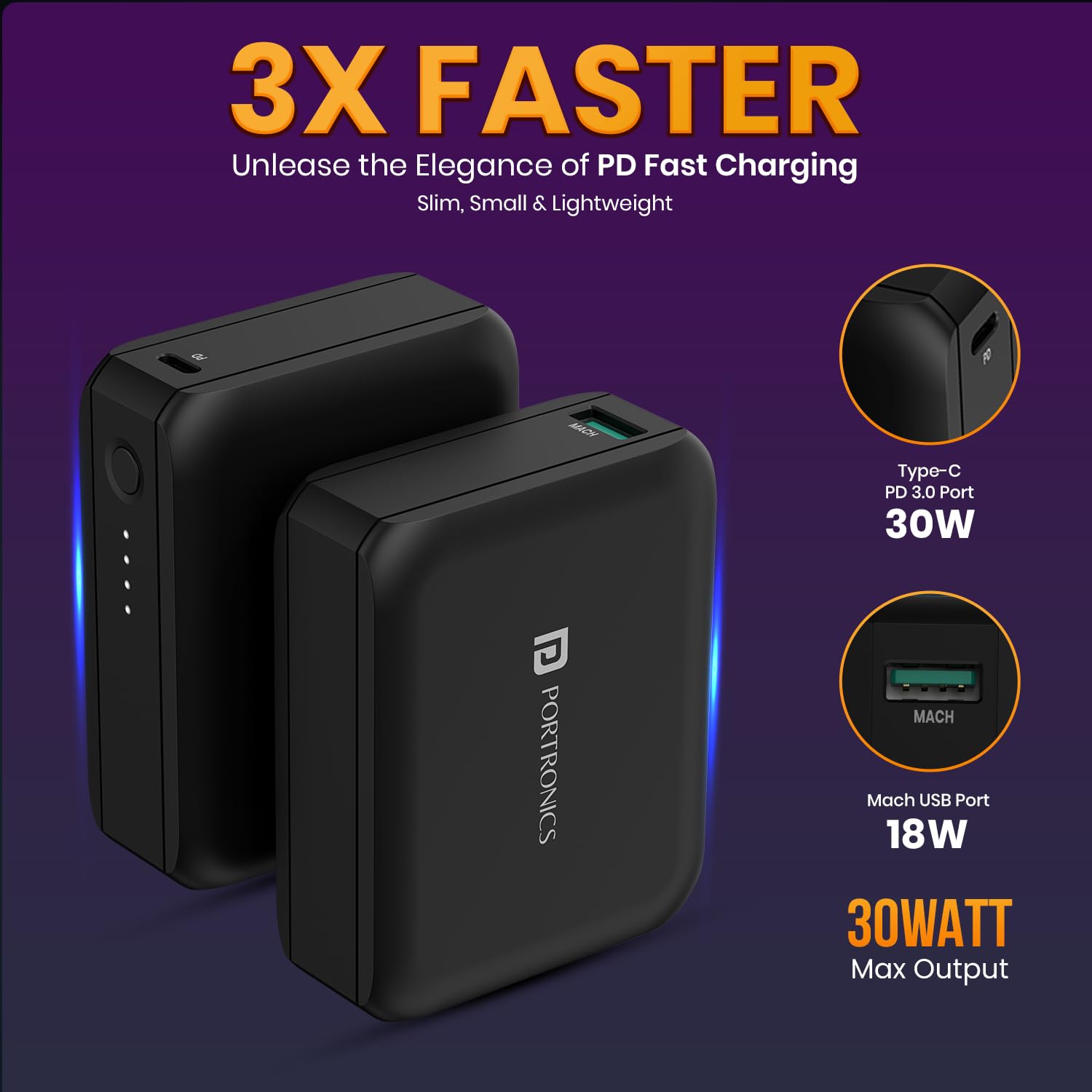 Portronics PowerPulse 30 Advanced 10000 mAh Nano Power Bank with 30W Max Output, LED Indicator, 18w Mach USB-A Output, 30W Type C PD Output, Type C Input, Comes with Type C Charging Cable(Black)