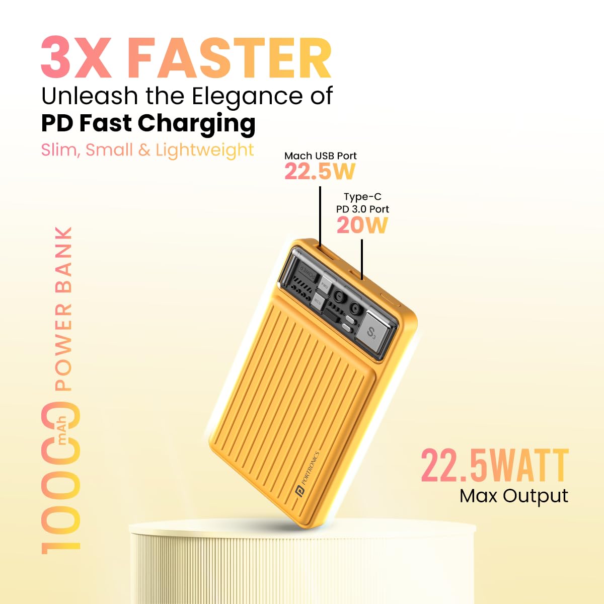 Portronics Luxcell Mini 10K Advanced 10000 mAh Nano Power Bank with 22.5W Max Output, LED Indicator, Mach USB-A Output, Type C PD Output, Type C Input, Wake Up Button(Yellow)