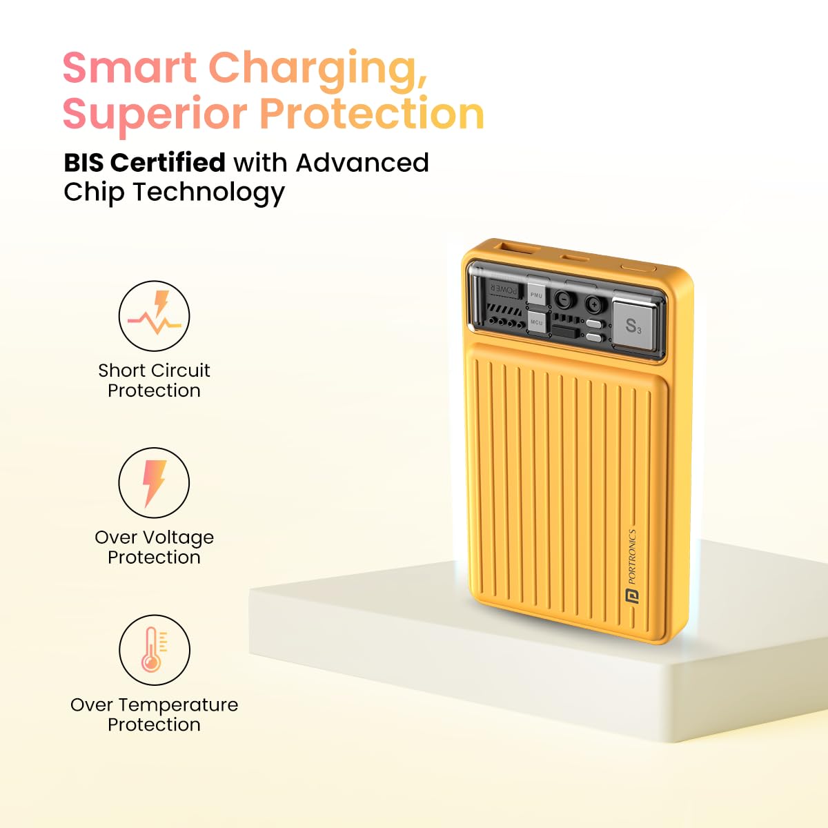 Portronics Luxcell Mini 10K Advanced 10000 mAh Nano Power Bank with 22.5W Max Output, LED Indicator, Mach USB-A Output, Type C PD Output, Type C Input, Wake Up Button(Yellow)