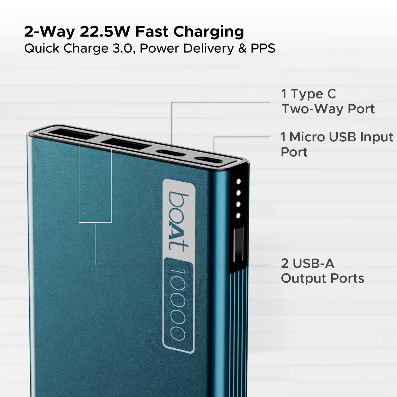 boAt Energyshroom PB300 Powerbank with 10000mAh Battery, 22.5w Fast Charging, Wireless Charging, 12-Layer Smart IC Protection, LED Indicators and Aluminum Alloy Casing(Steel Blue)