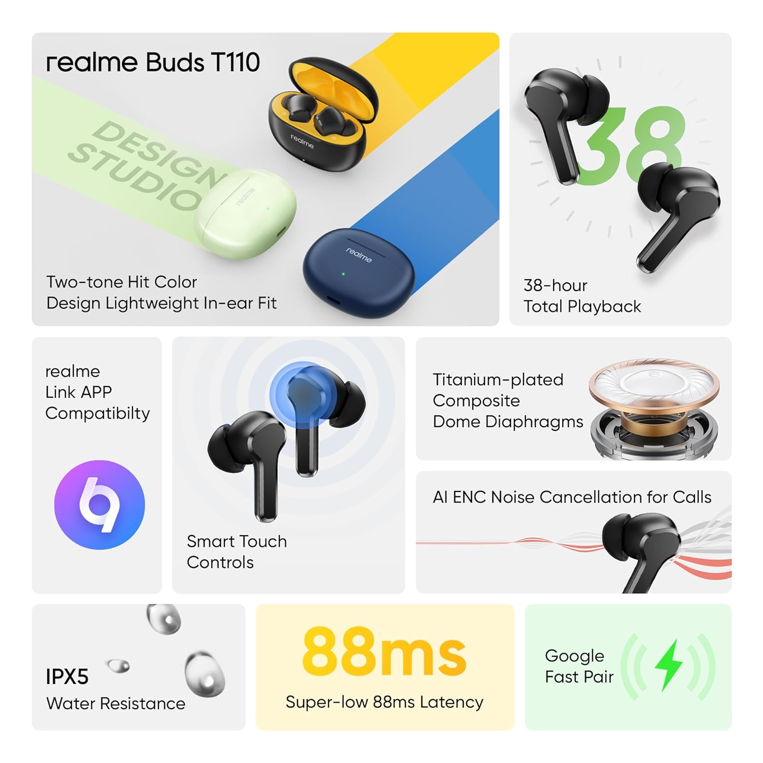 realme Buds T110 with AI ENC for calls, upto 38 hours of Playback and Fast Charging Bluetooth  (Black, True Wireless)