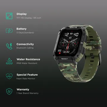 Fire-Boltt Combat 49.5mm (1.95) Display, Rugged Outdoor Design, Voice Assistant BT Calling Smartwatch  (Camo Green Strap, Free Size)