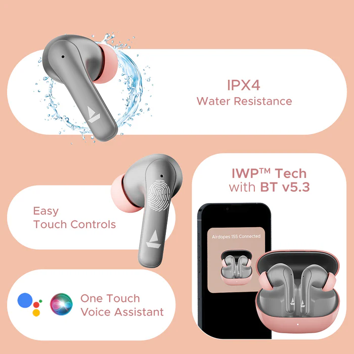 boAt Airdopes 155 w/ 40 hrs Playtime,In-Ear Detection,Quad Mics ENx Tech,ASAP Charge Bluetooth  (Hot Rouge, True Wireless)